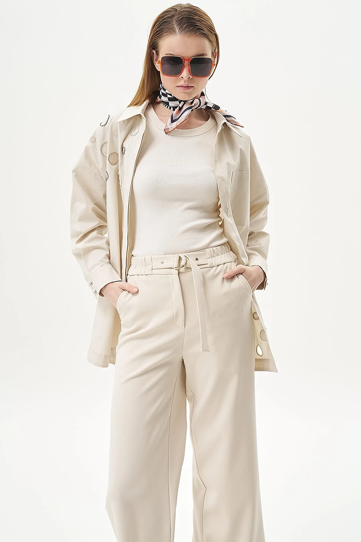 Adjustable Waist Wide Leg Trousers Cream