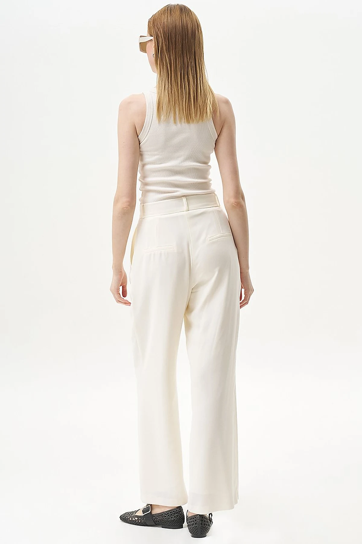 Pleated Pocket Detail Basic Pants Ecru