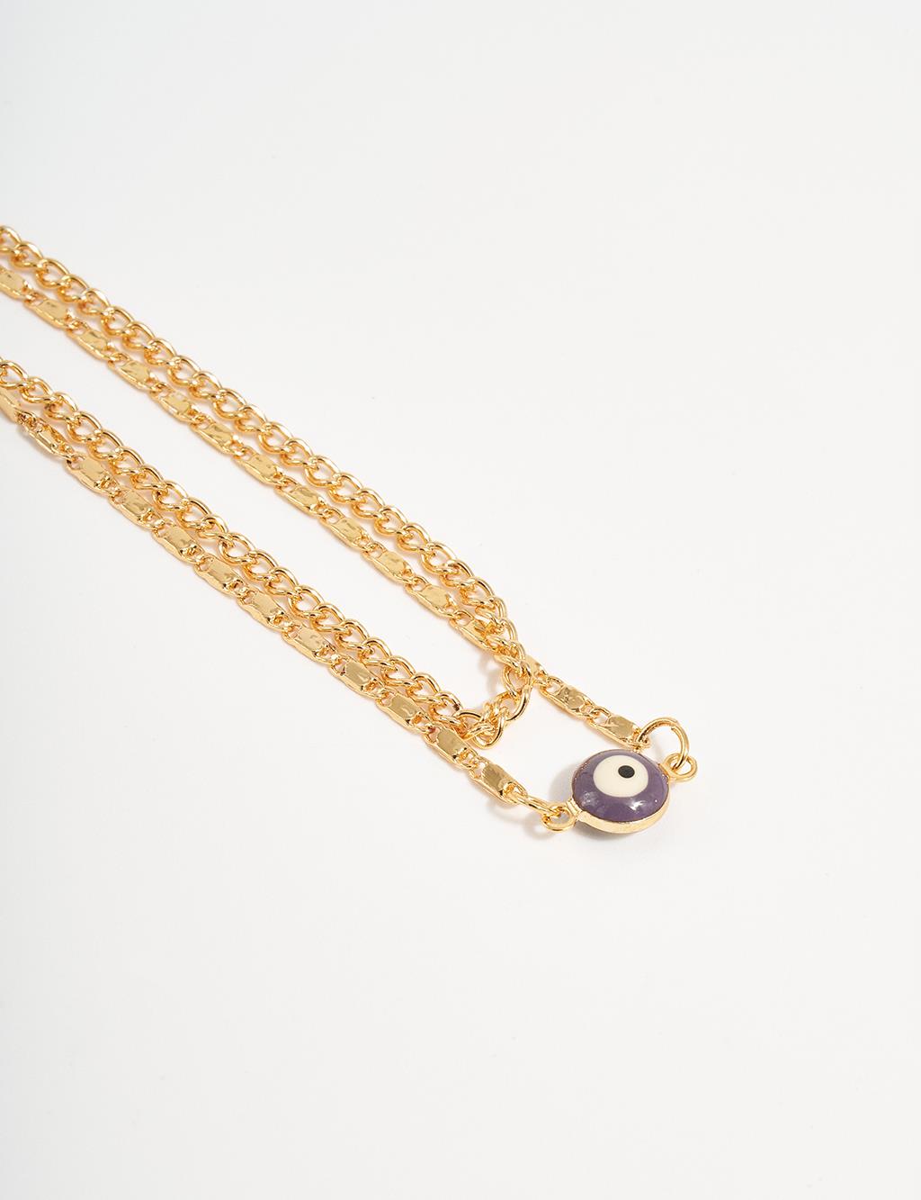 Double Appearance Evil Eye Bead Figured Anklet Gold