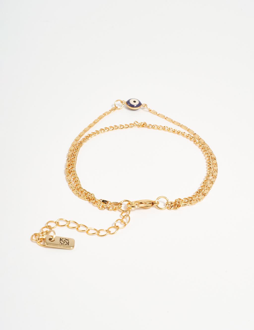 Double Appearance Evil Eye Bead Figured Anklet Gold