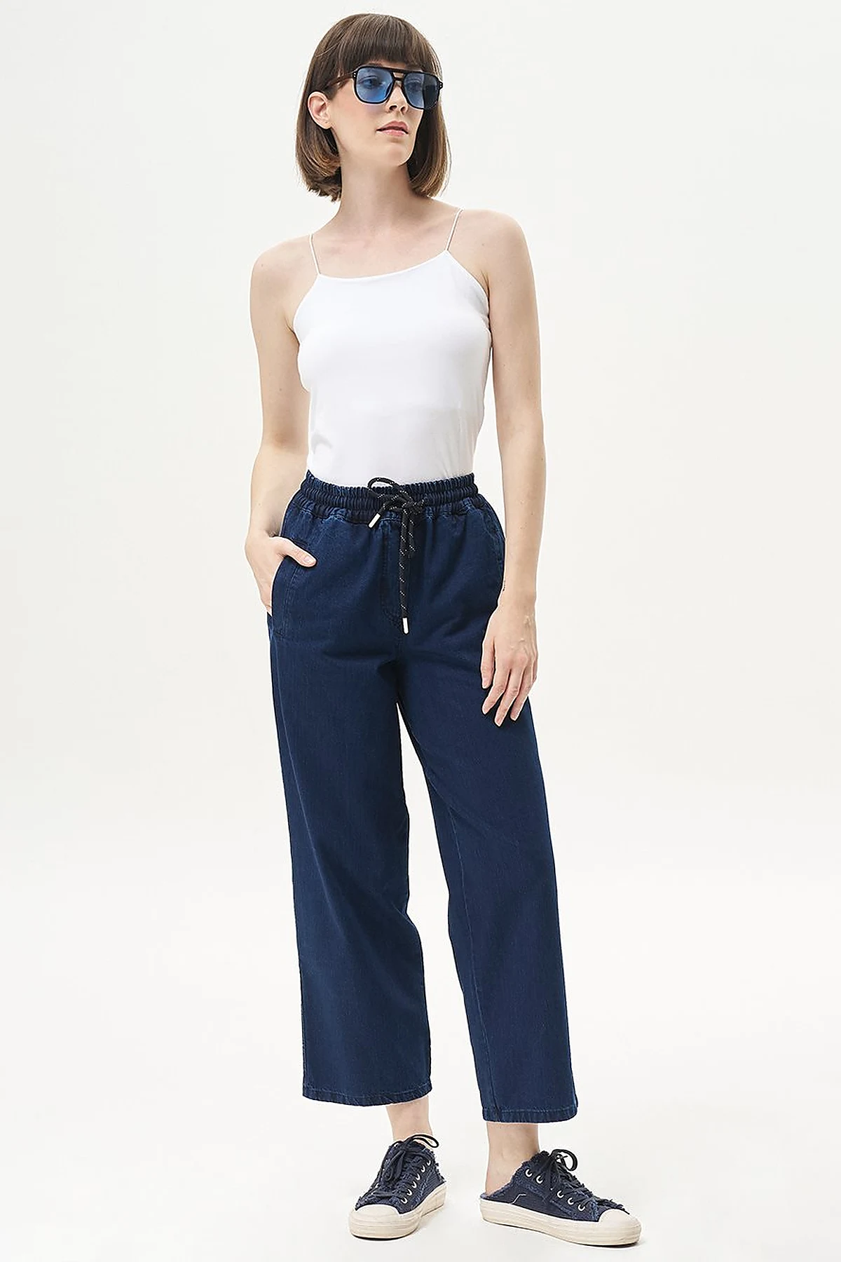 Bağcıklı Havuç Kesim Denim Pantolon Lacivert