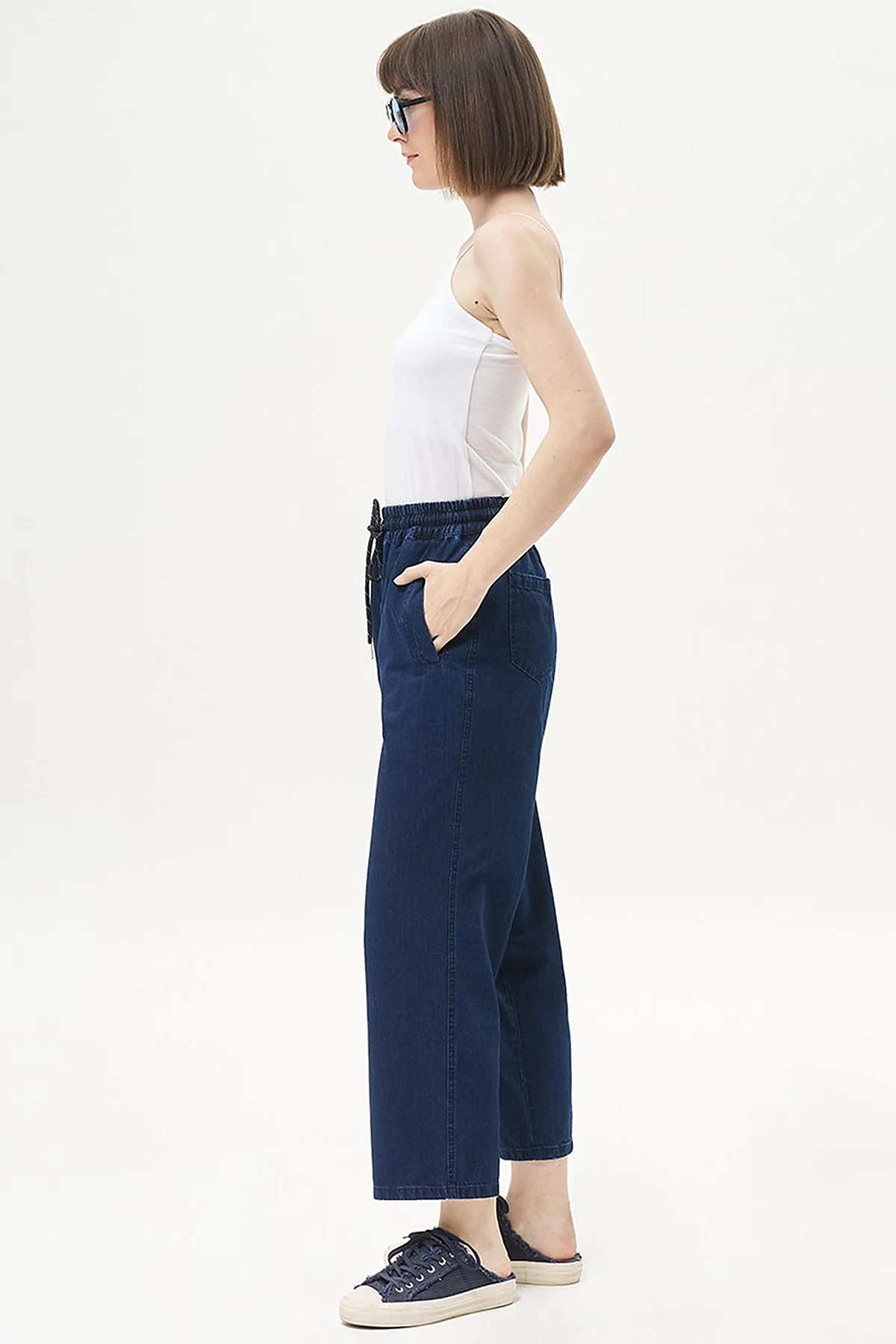 Bağcıklı Havuç Kesim Denim Pantolon Lacivert