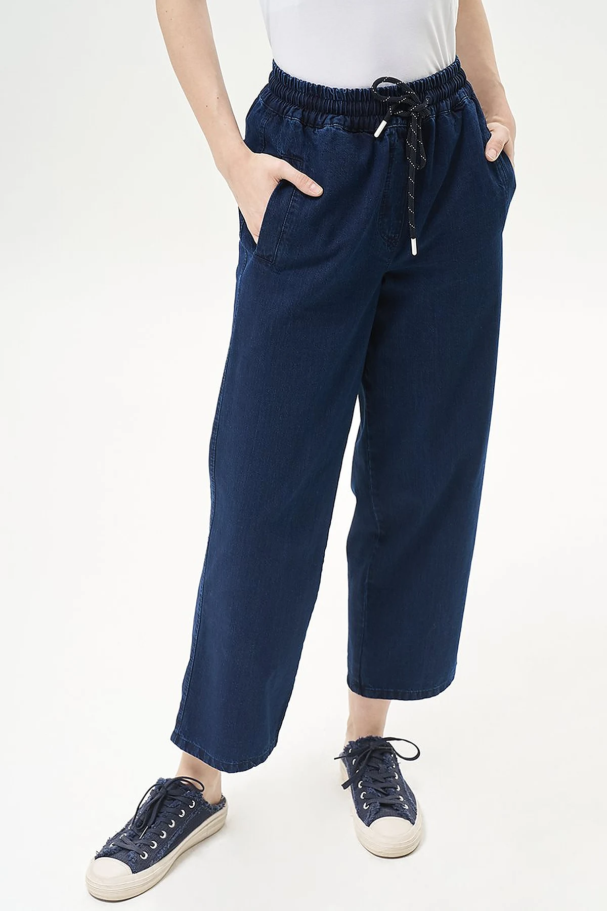 Bağcıklı Havuç Kesim Denim Pantolon Lacivert