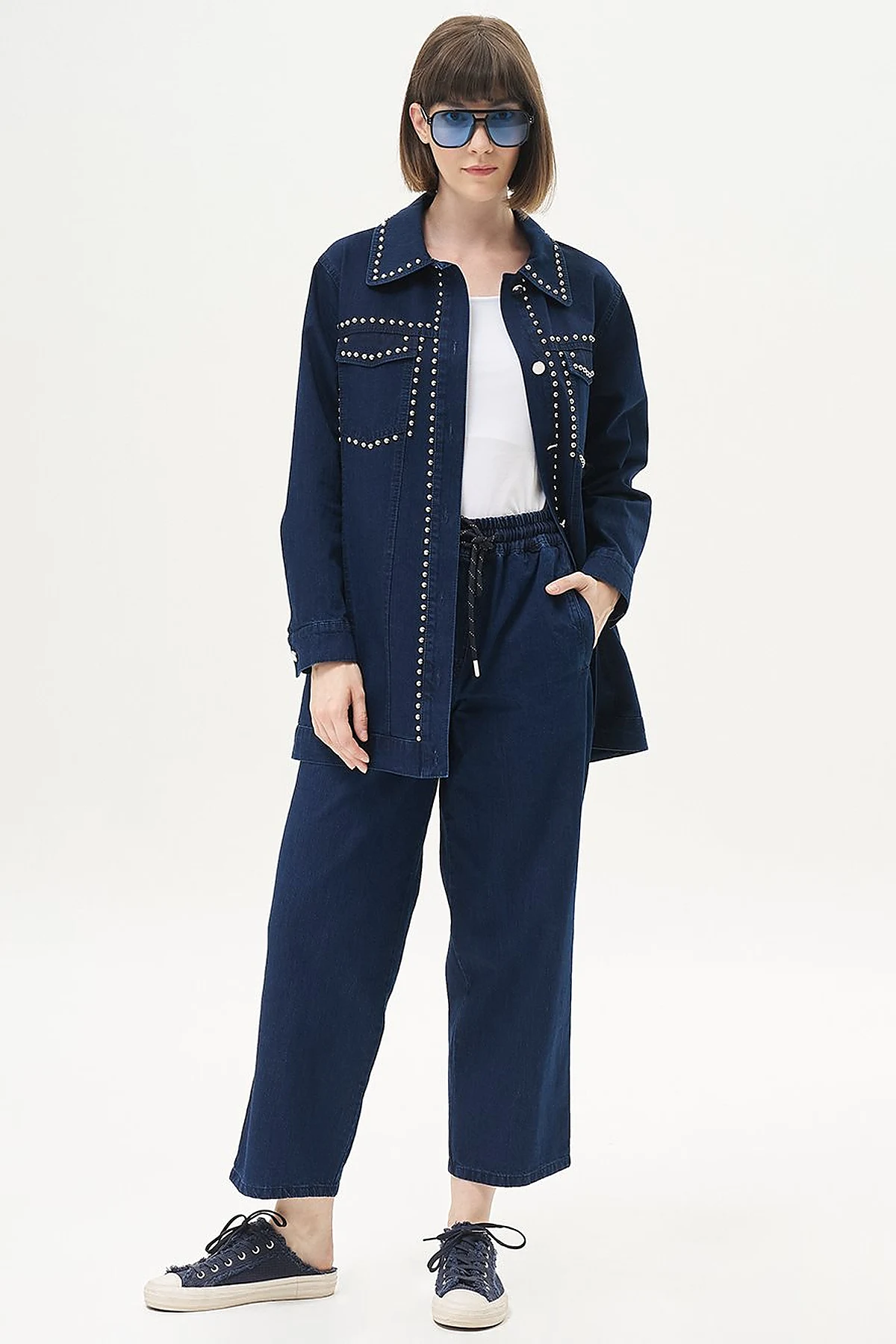 Bağcıklı Havuç Kesim Denim Pantolon Lacivert