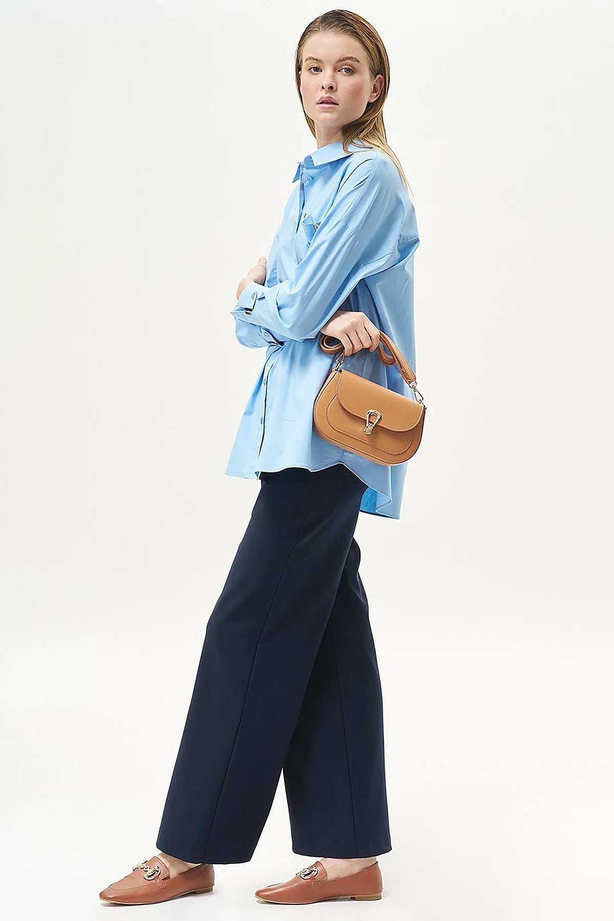 Basic Wide-Leg Crepe Pants Navy Blue