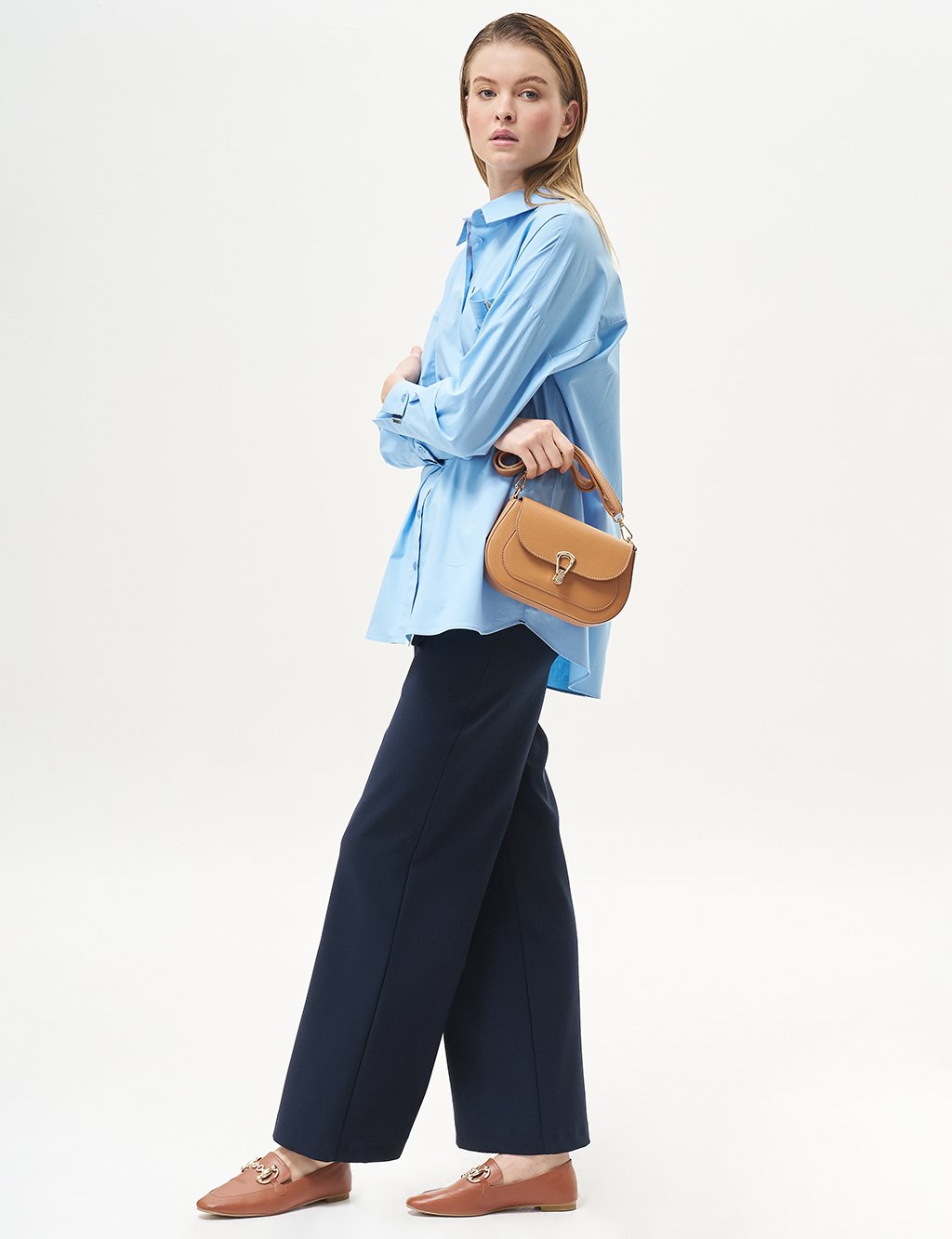 Basic Wide-Leg Crepe Pants Navy Blue