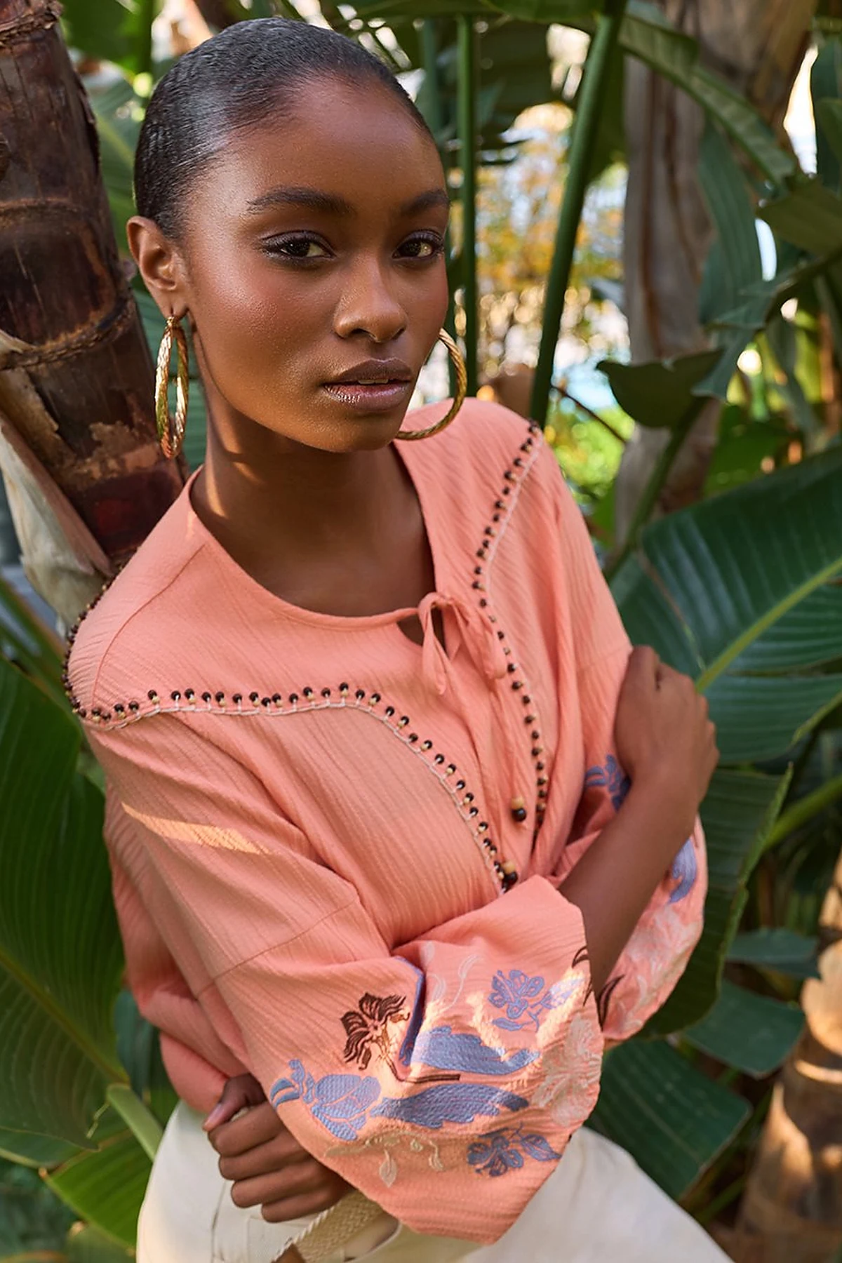 Embroidered Seersucker Blouse Peach