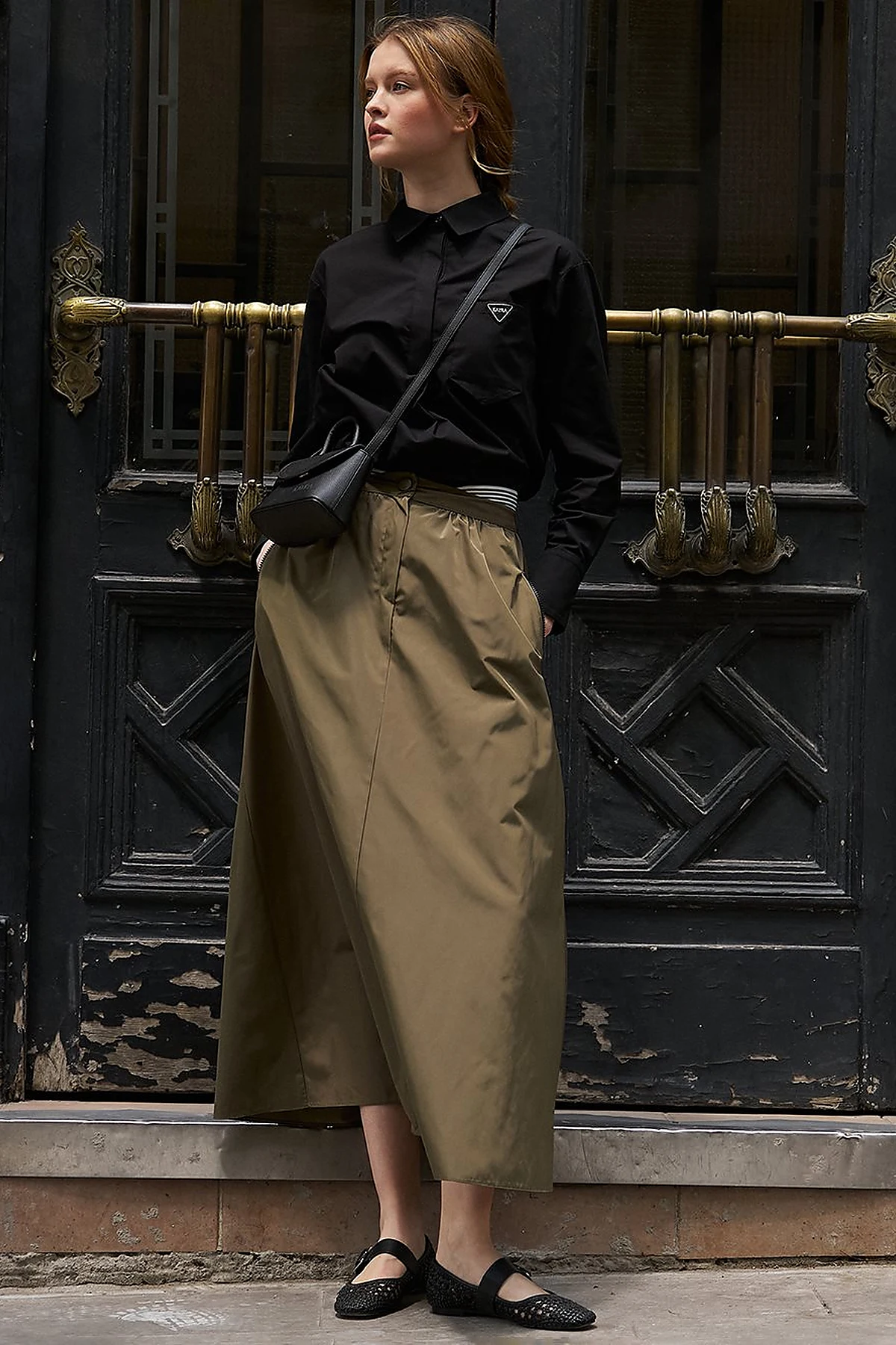 Elastic Waist Parachute Fabric Skirt Olive Green