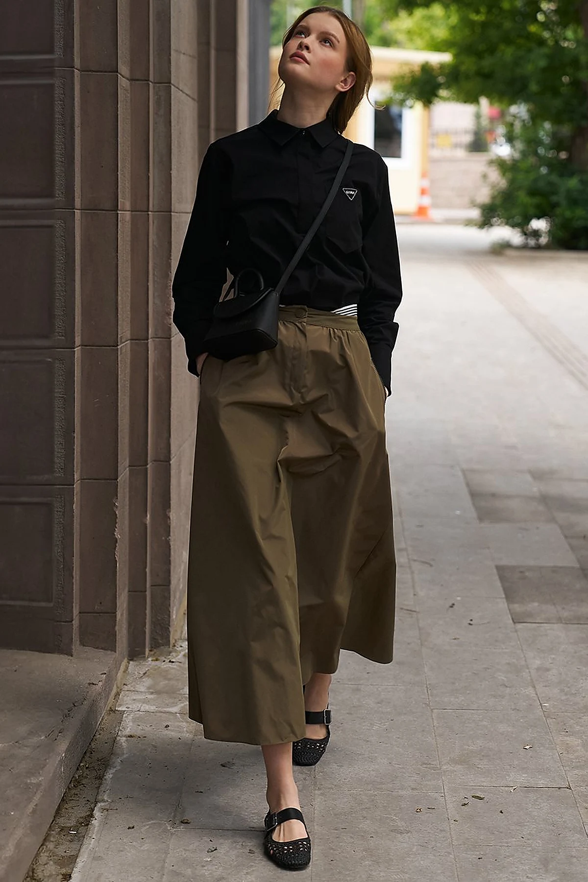 Elastic Waist Parachute Fabric Skirt Olive Green