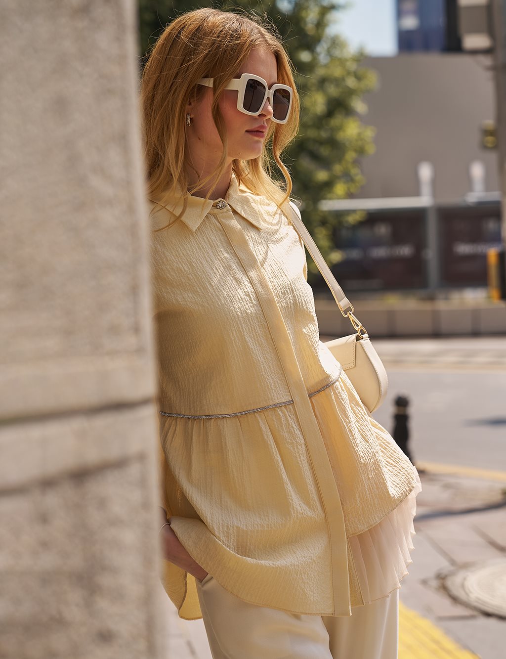 Stone-Detailed Waffle Blouse in Light Yellow