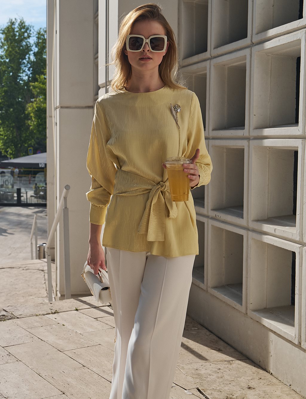 Waist Detailed Satin Blouse Light Yellow