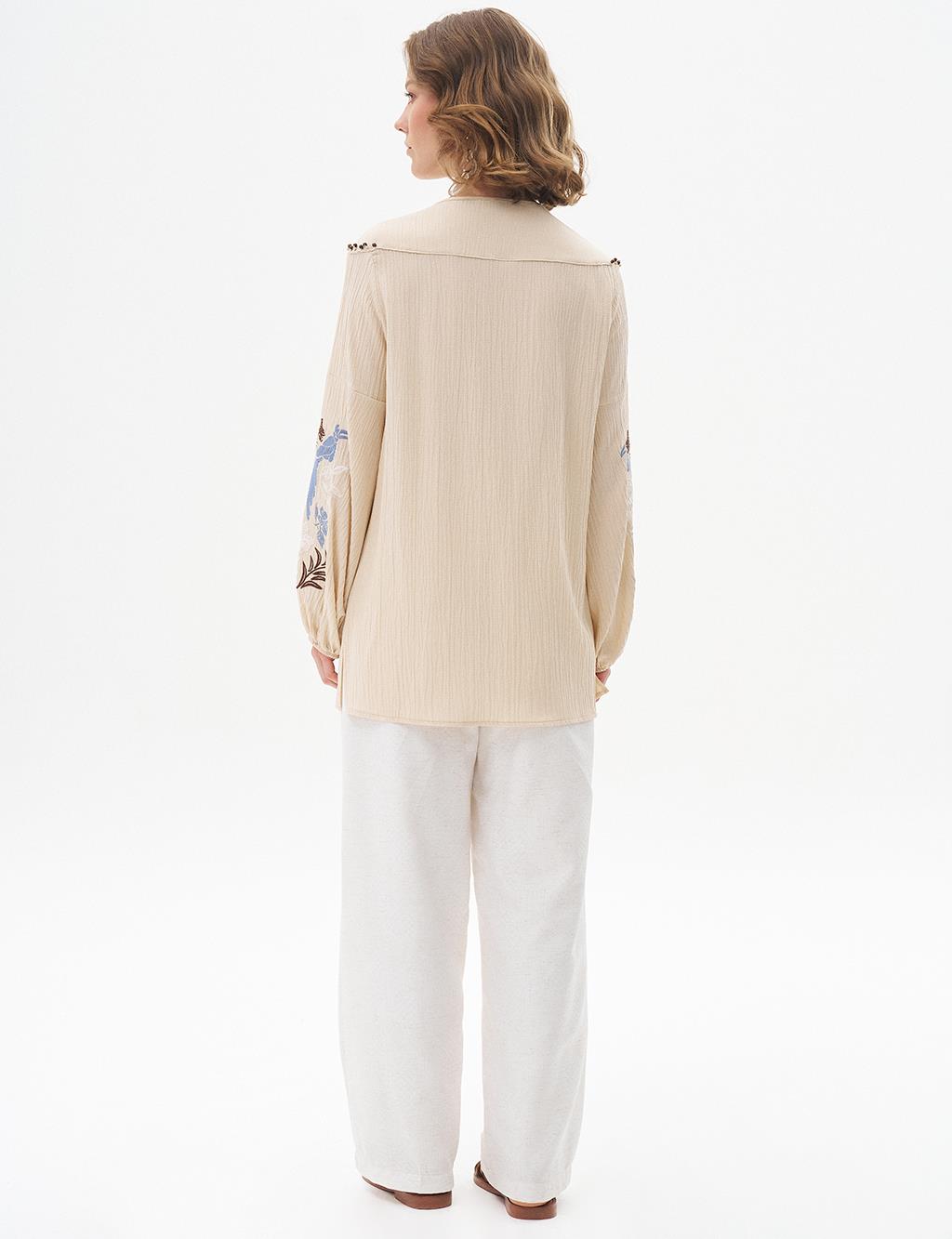 Embroidered Seersucker Blouse Sand Beige