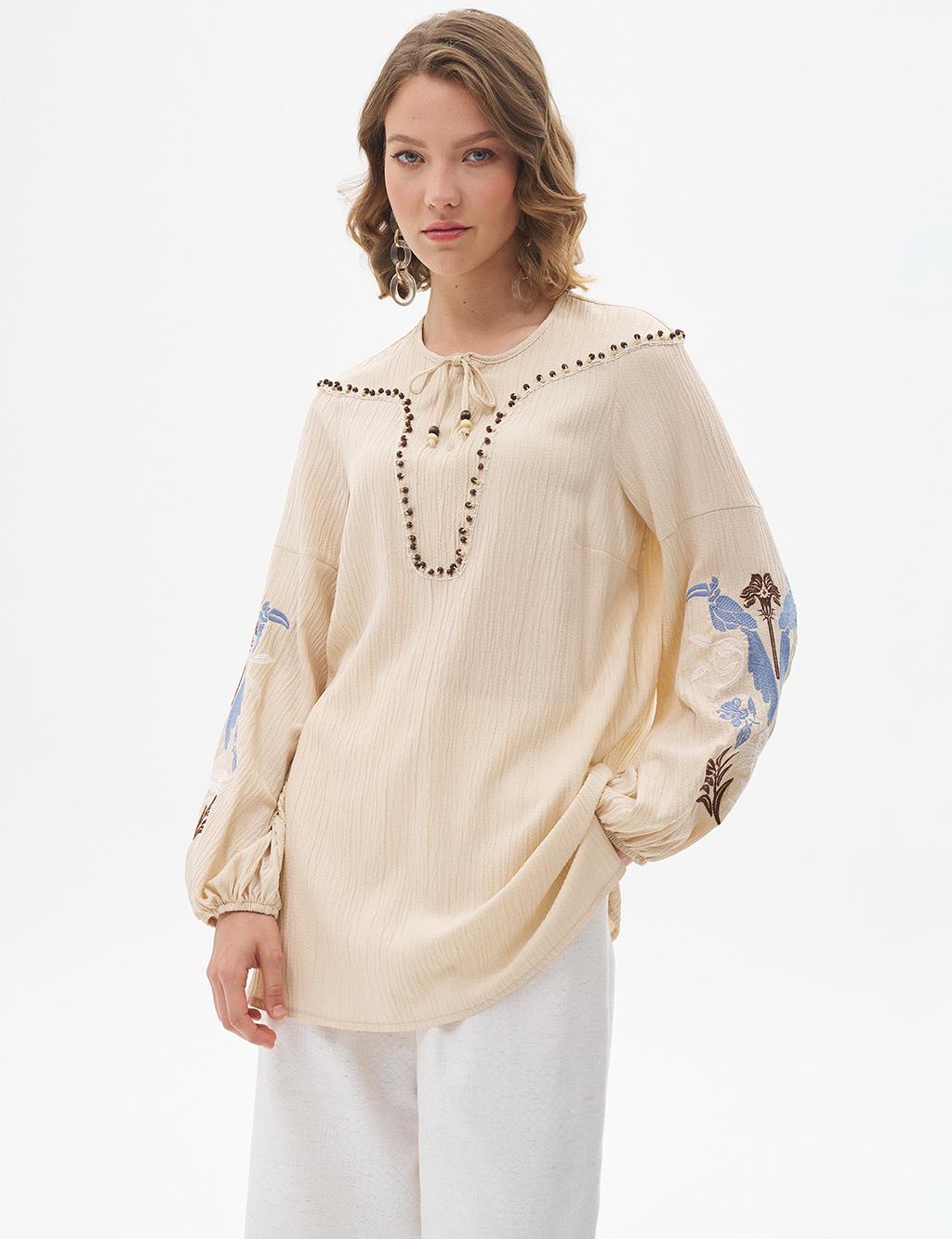 Embroidered Seersucker Blouse Sand Beige