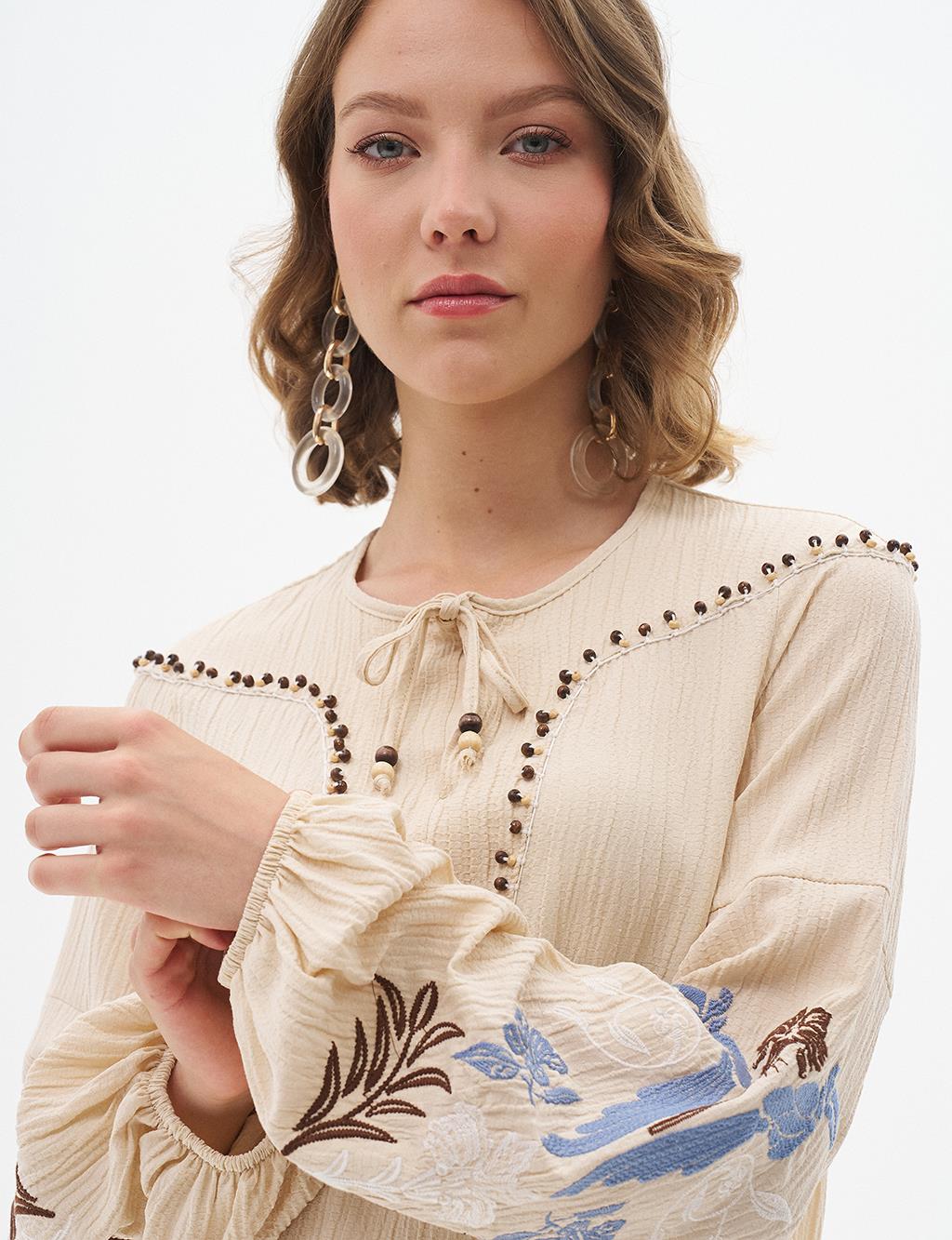 Embroidered Seersucker Blouse Sand Beige