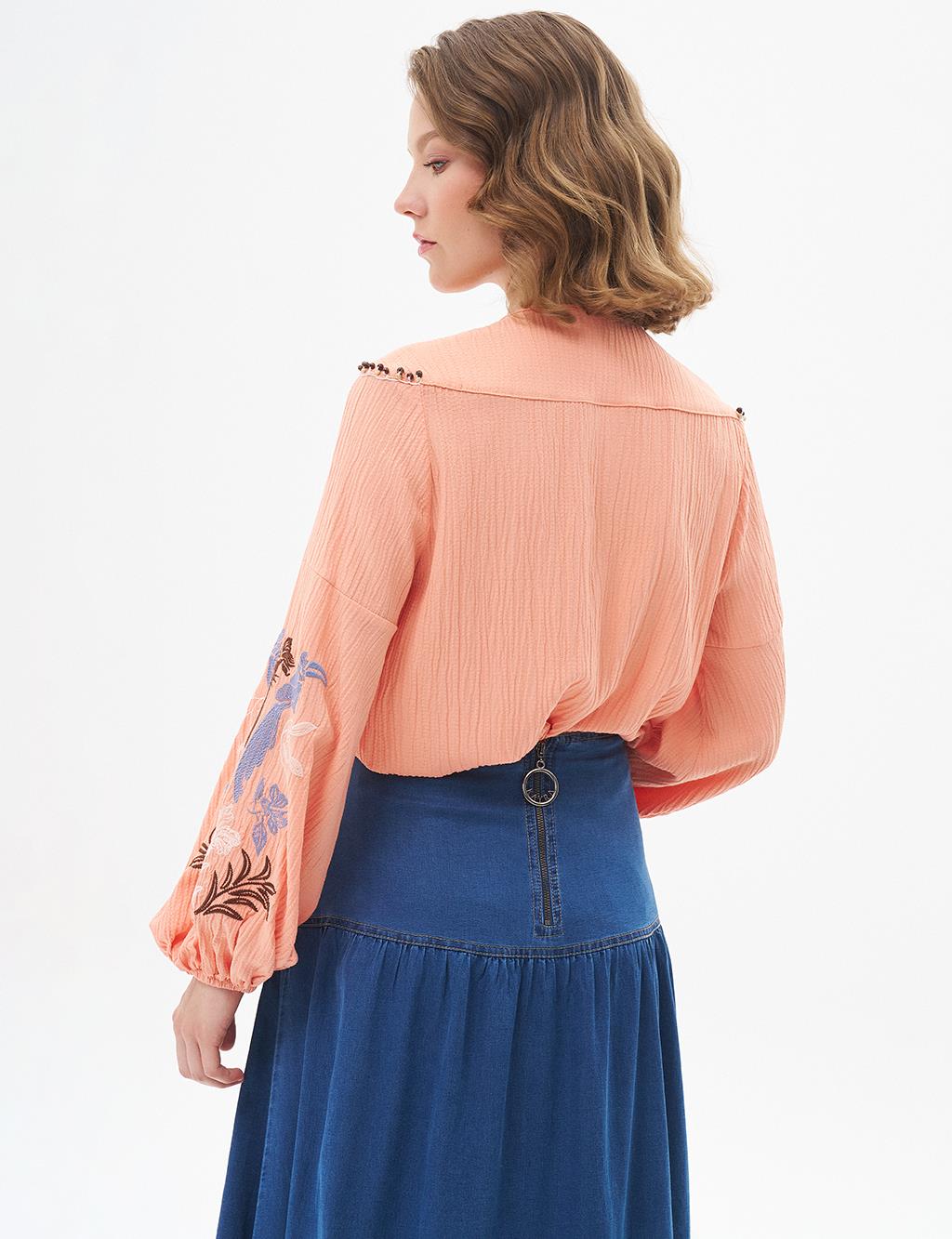 Embroidered Seersucker Blouse Peach