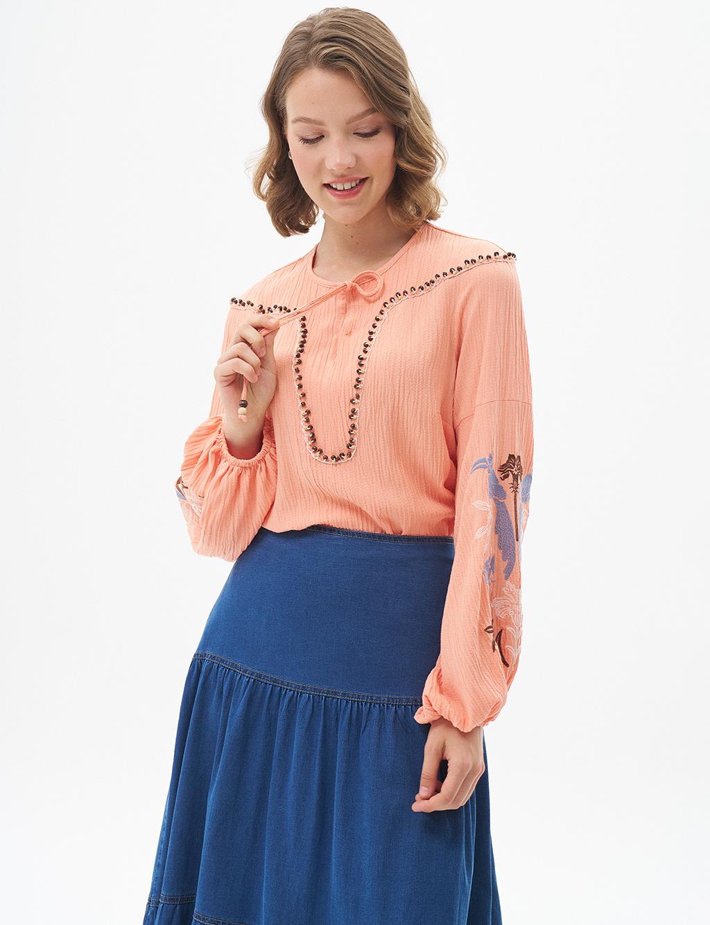 Embroidered Seersucker Blouse Peach