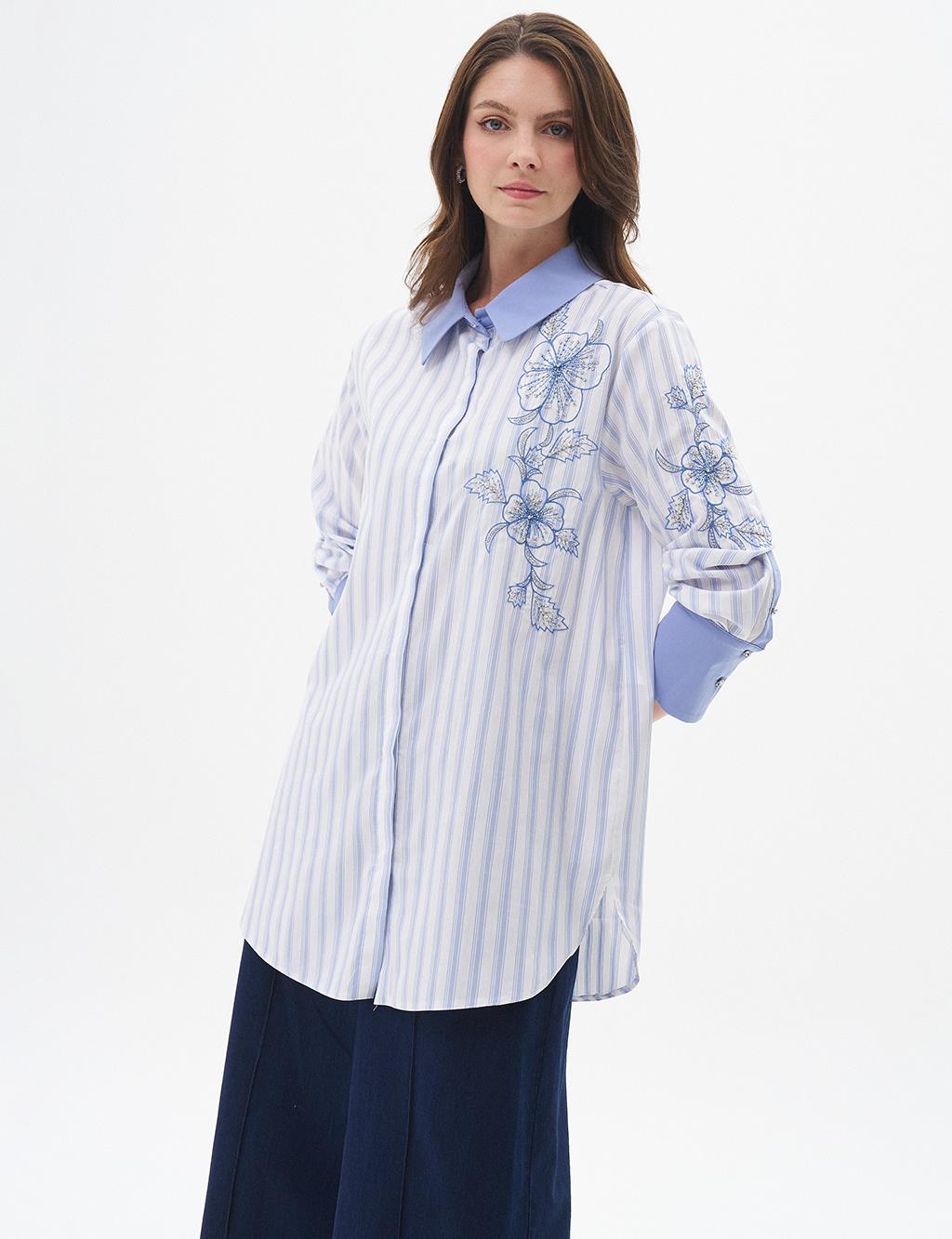 Wide Cuff Poplin Tunic Aviator Blue