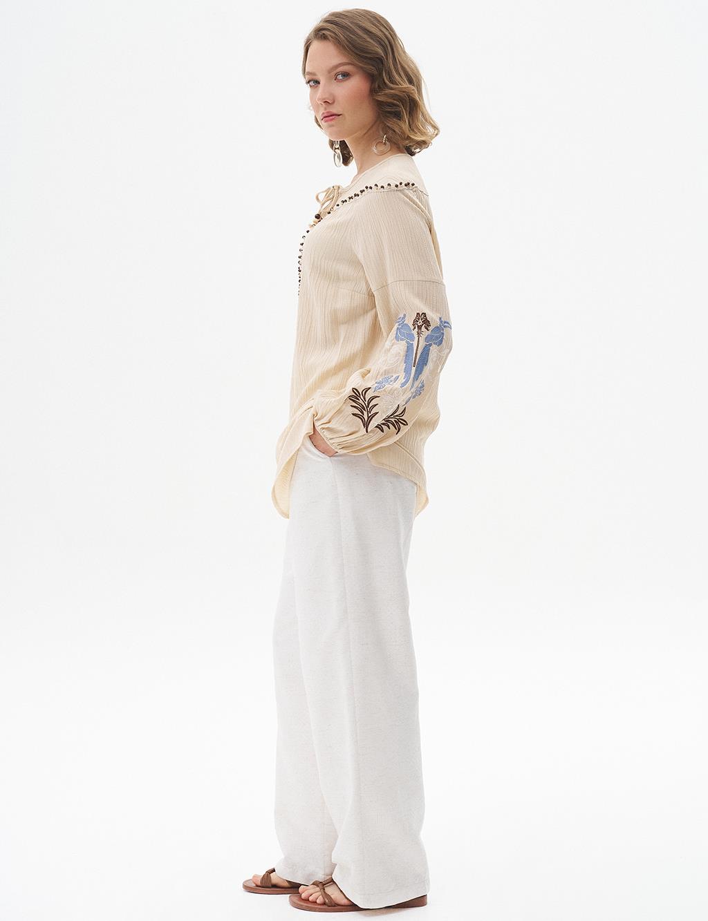 Embroidered Seersucker Blouse Sand Beige