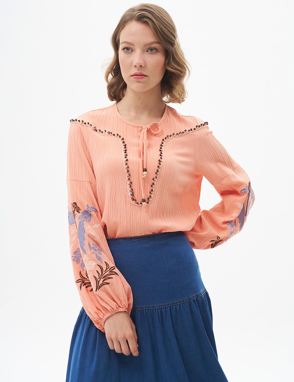 Embroidered Seersucker Blouse Peach