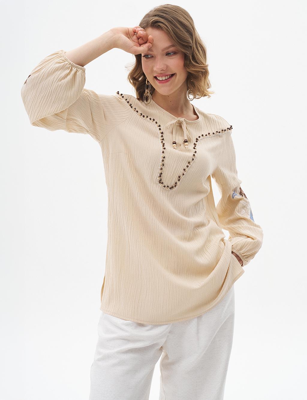 Embroidered Seersucker Blouse Sand Beige