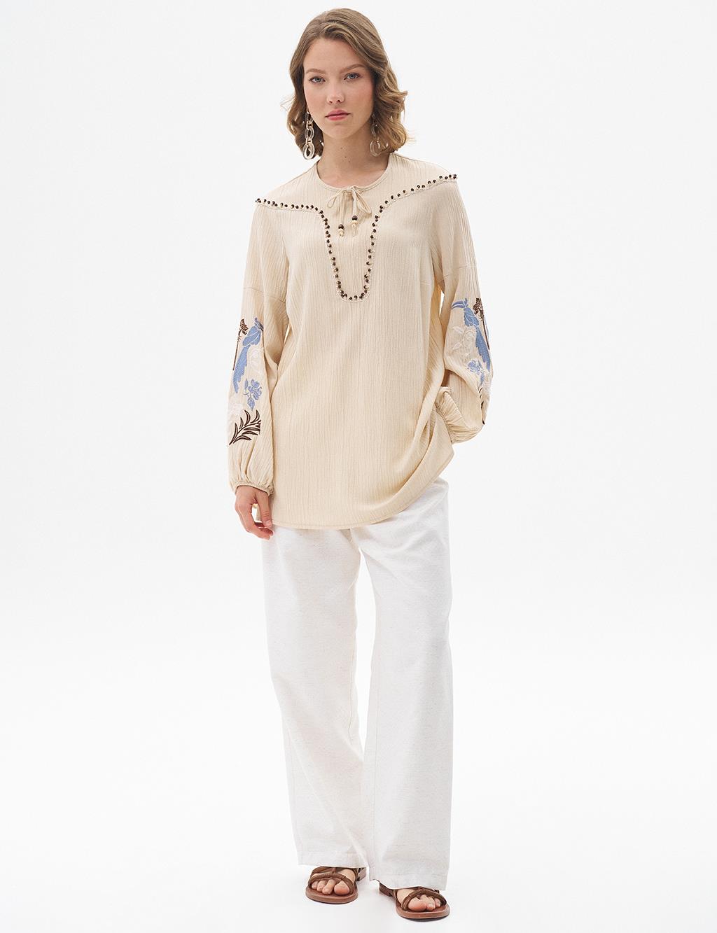 Embroidered Seersucker Blouse Sand Beige