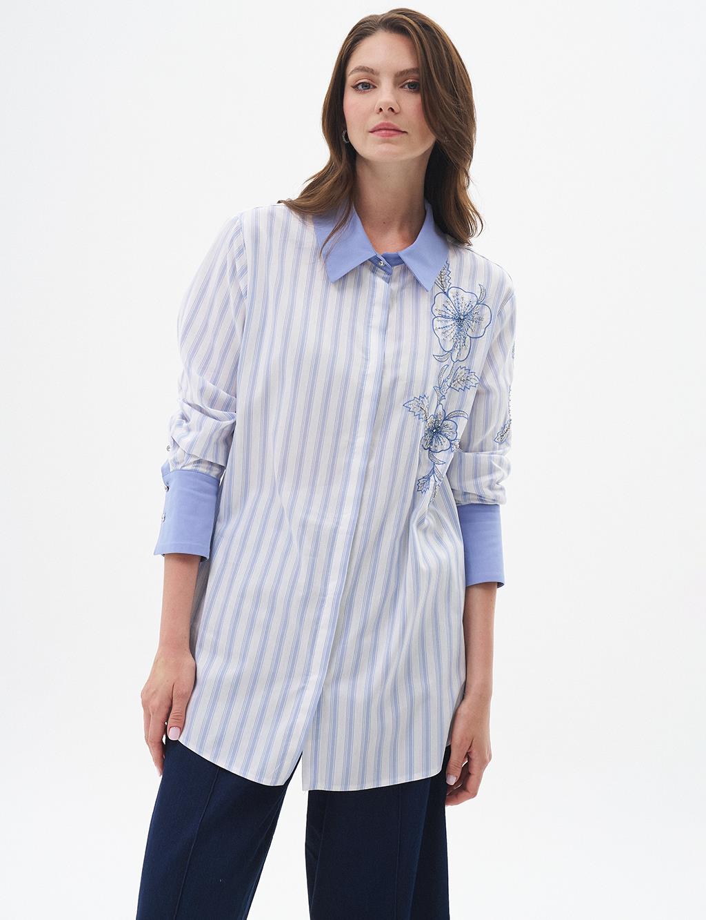 Wide Cuff Poplin Tunic Aviator Blue