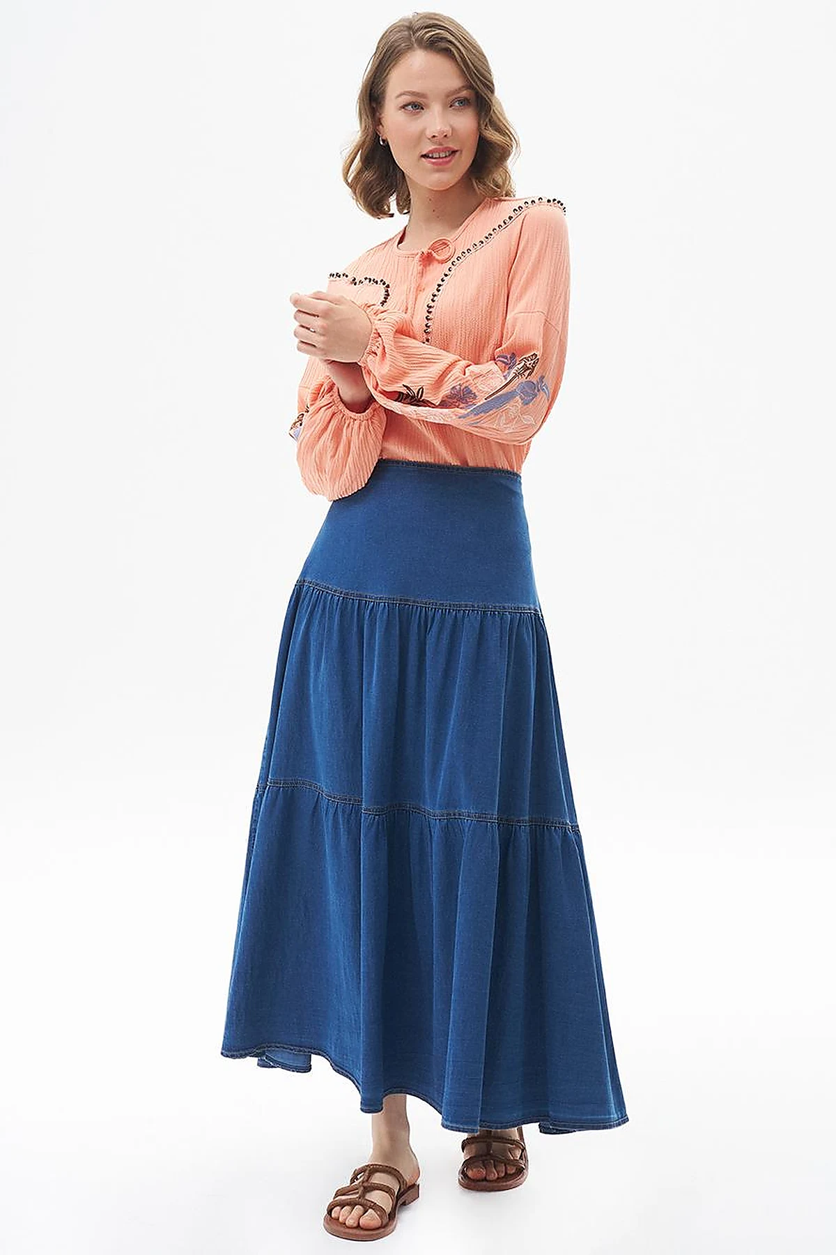 Embroidered Seersucker Blouse Peach