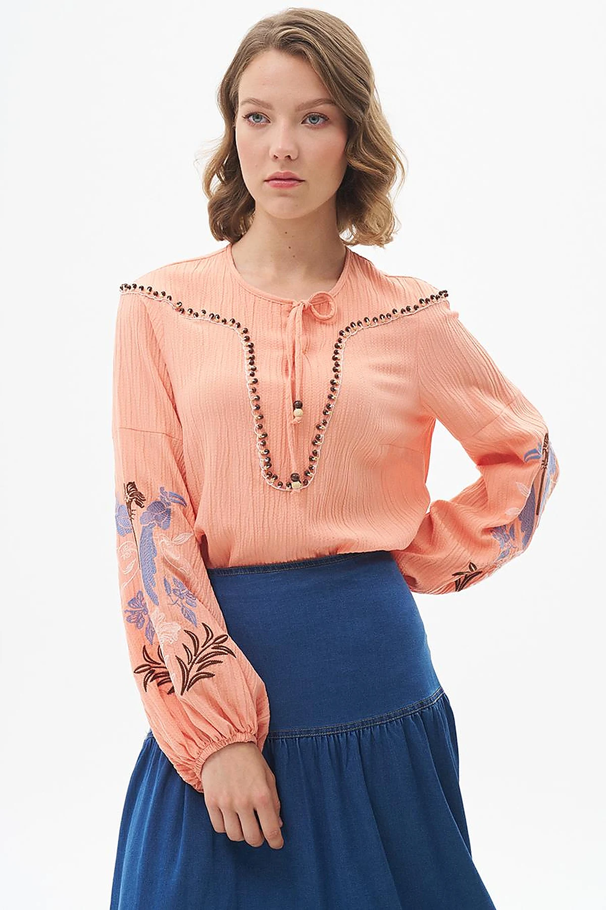 Embroidered Seersucker Blouse Peach