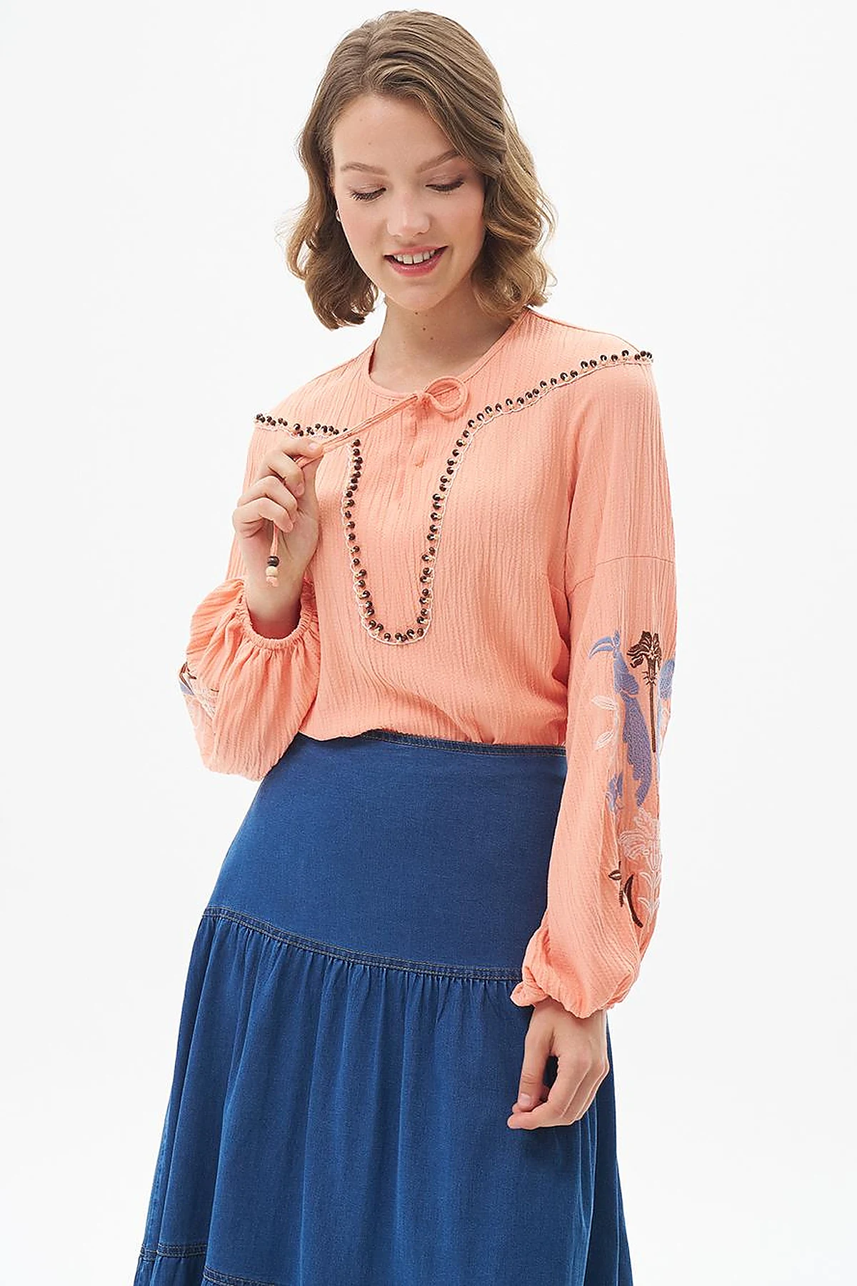 Embroidered Seersucker Blouse Peach