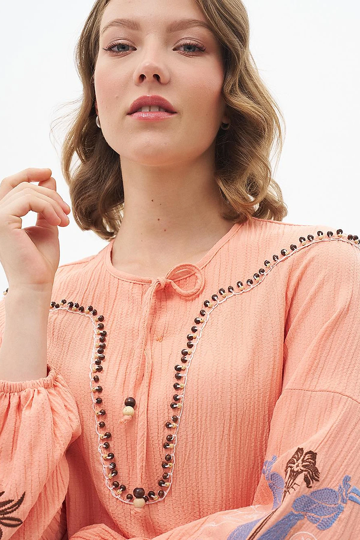 Embroidered Seersucker Blouse Peach