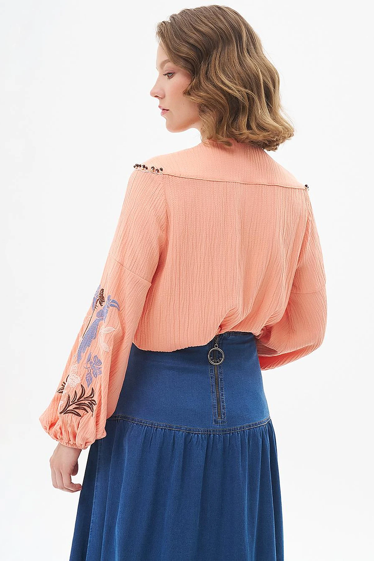 Embroidered Seersucker Blouse Peach