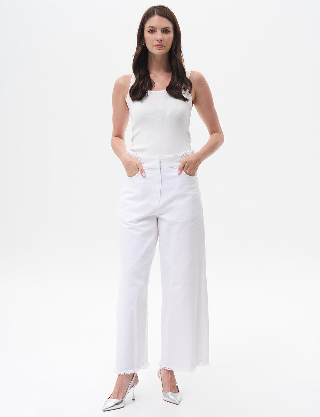 Denim Trousers with Tassels Optical White