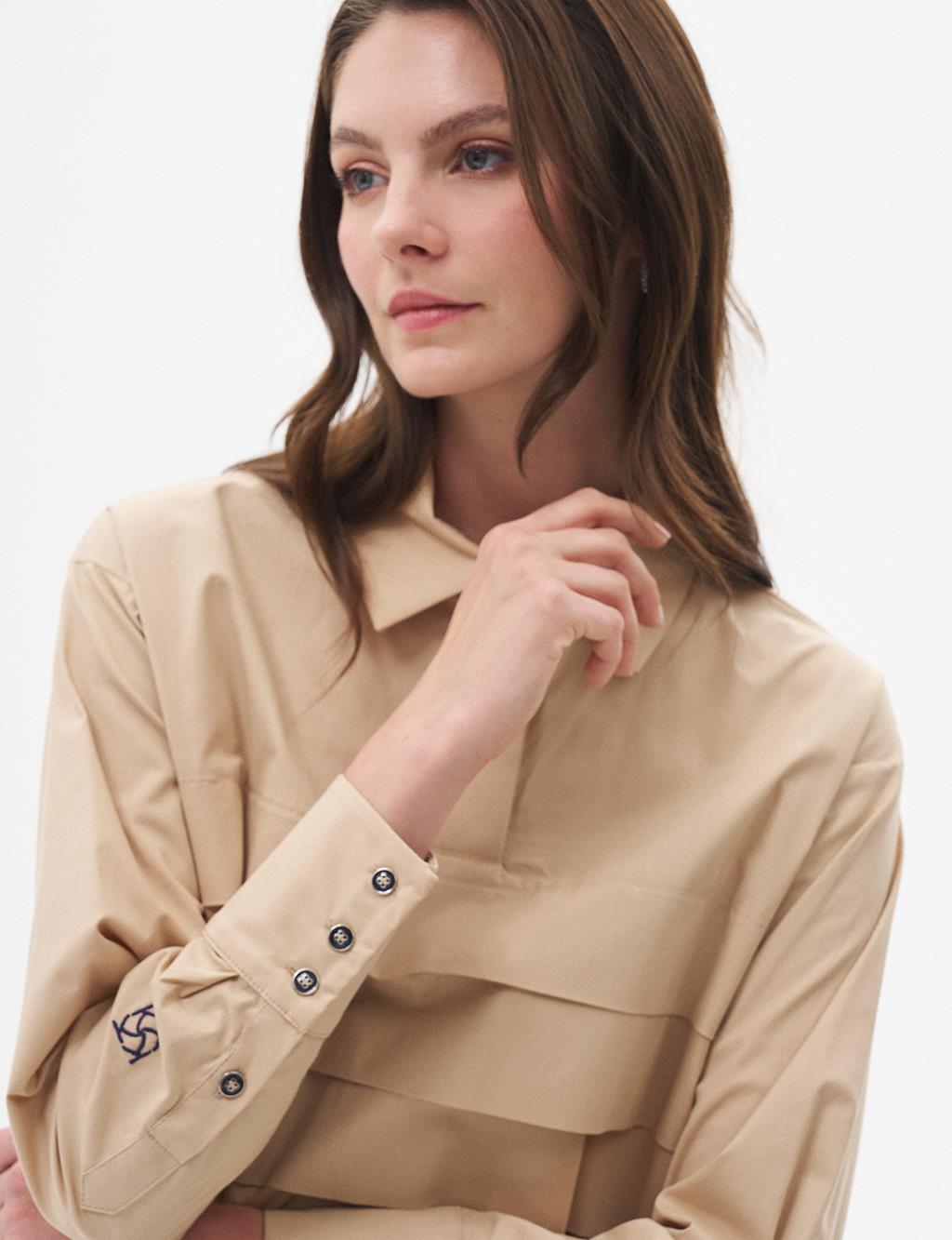 Embroidered Poplin Tunic Beige