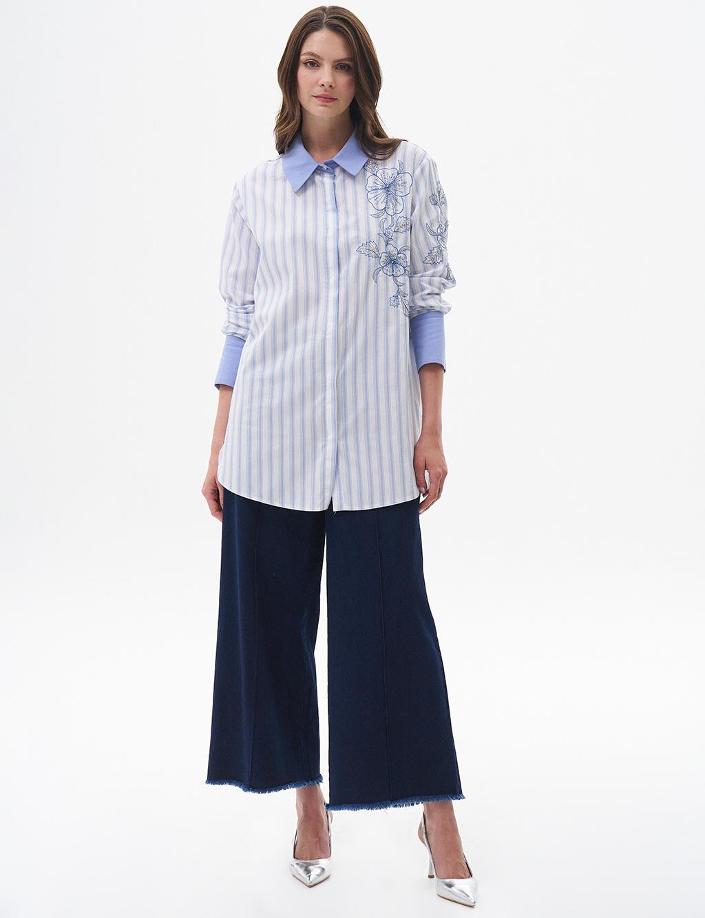 Tasseled Wide Leg Denim Trousers Navy Blue