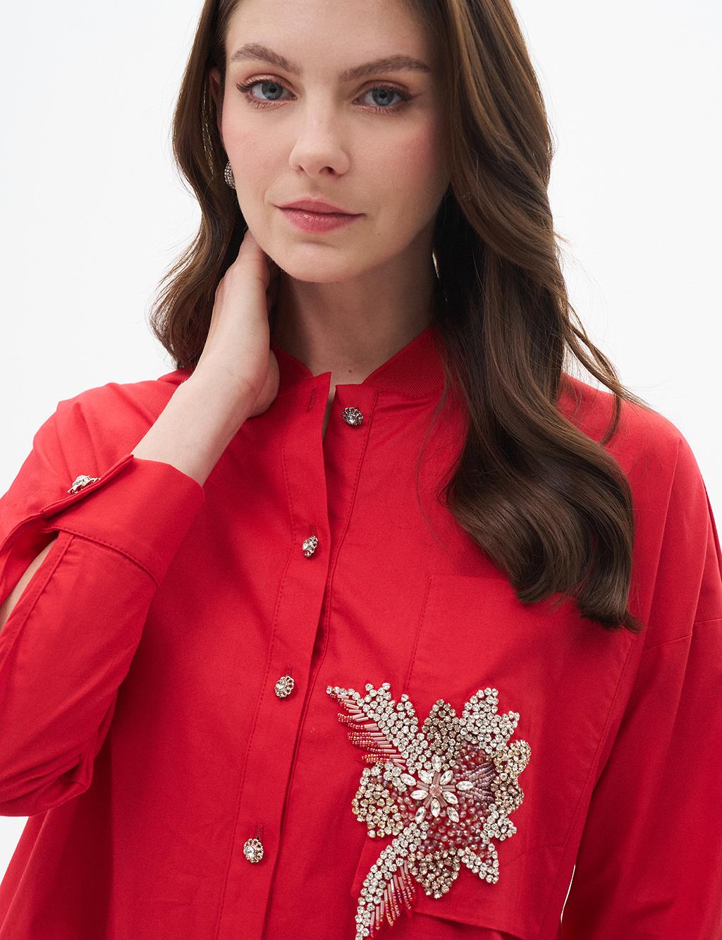 Taş İşlemeli Poplin Tunik Kırmızı
