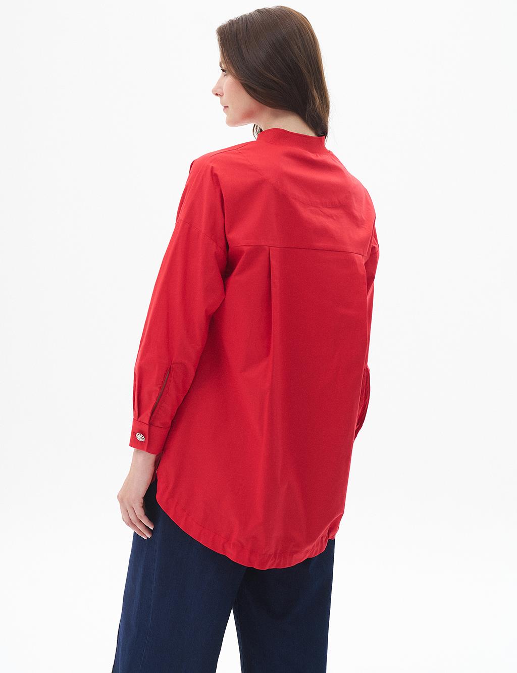 Taş İşlemeli Poplin Tunik Kırmızı