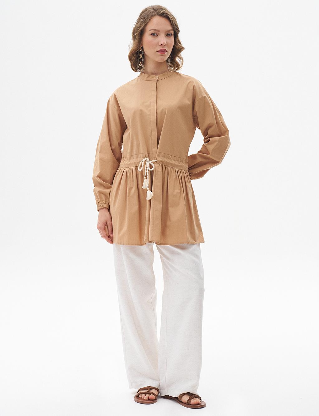 Tasseled Collar Cotton Tunic Camel