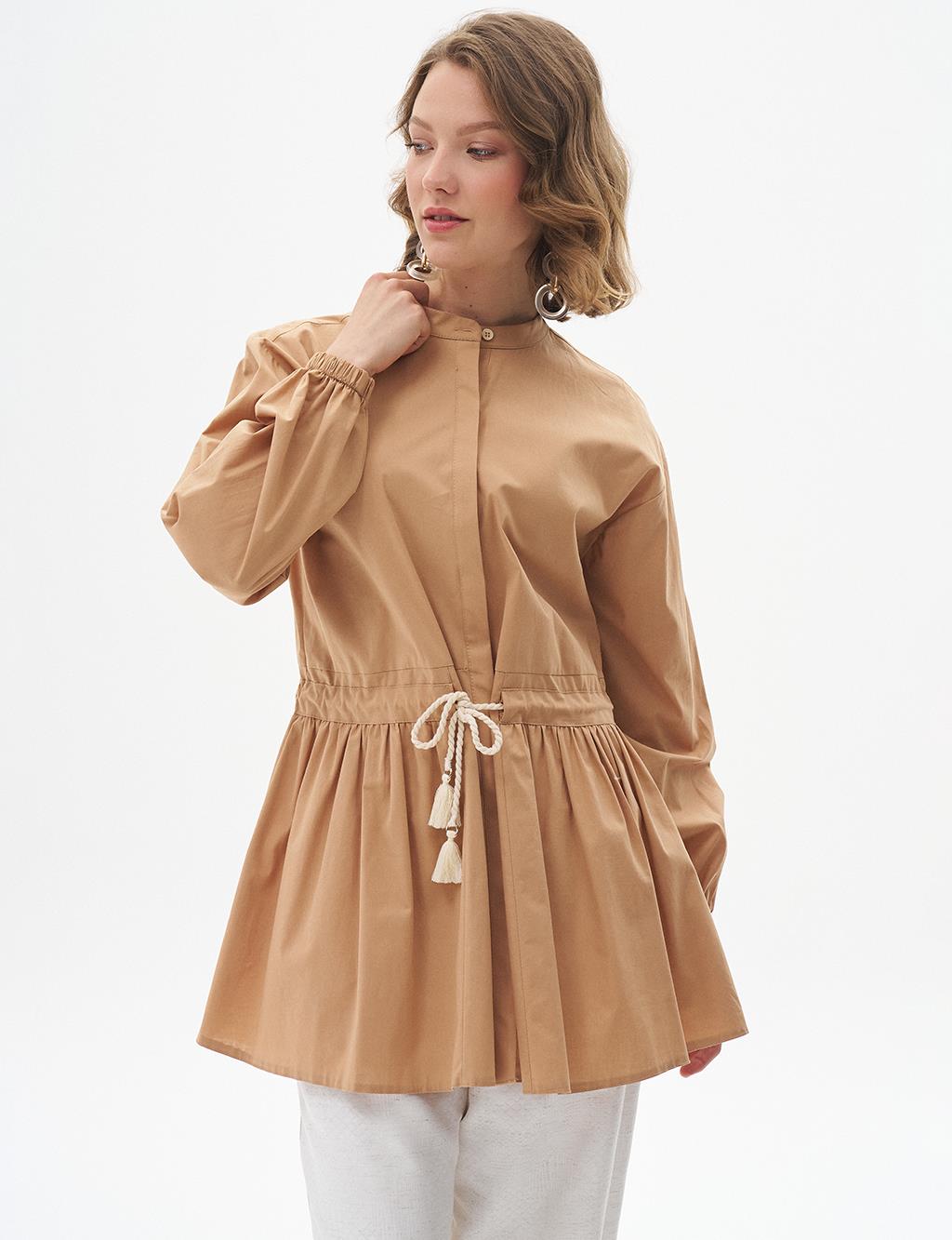 Tasseled Collar Cotton Tunic Camel
