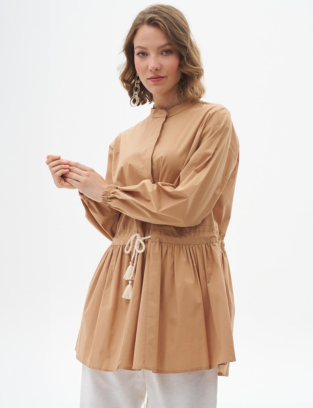 Tasseled Collar Cotton Tunic Camel