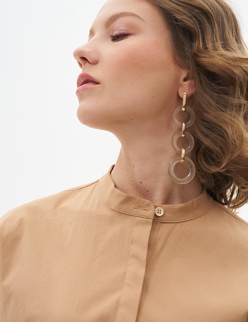 Tasseled Collar Cotton Tunic Camel