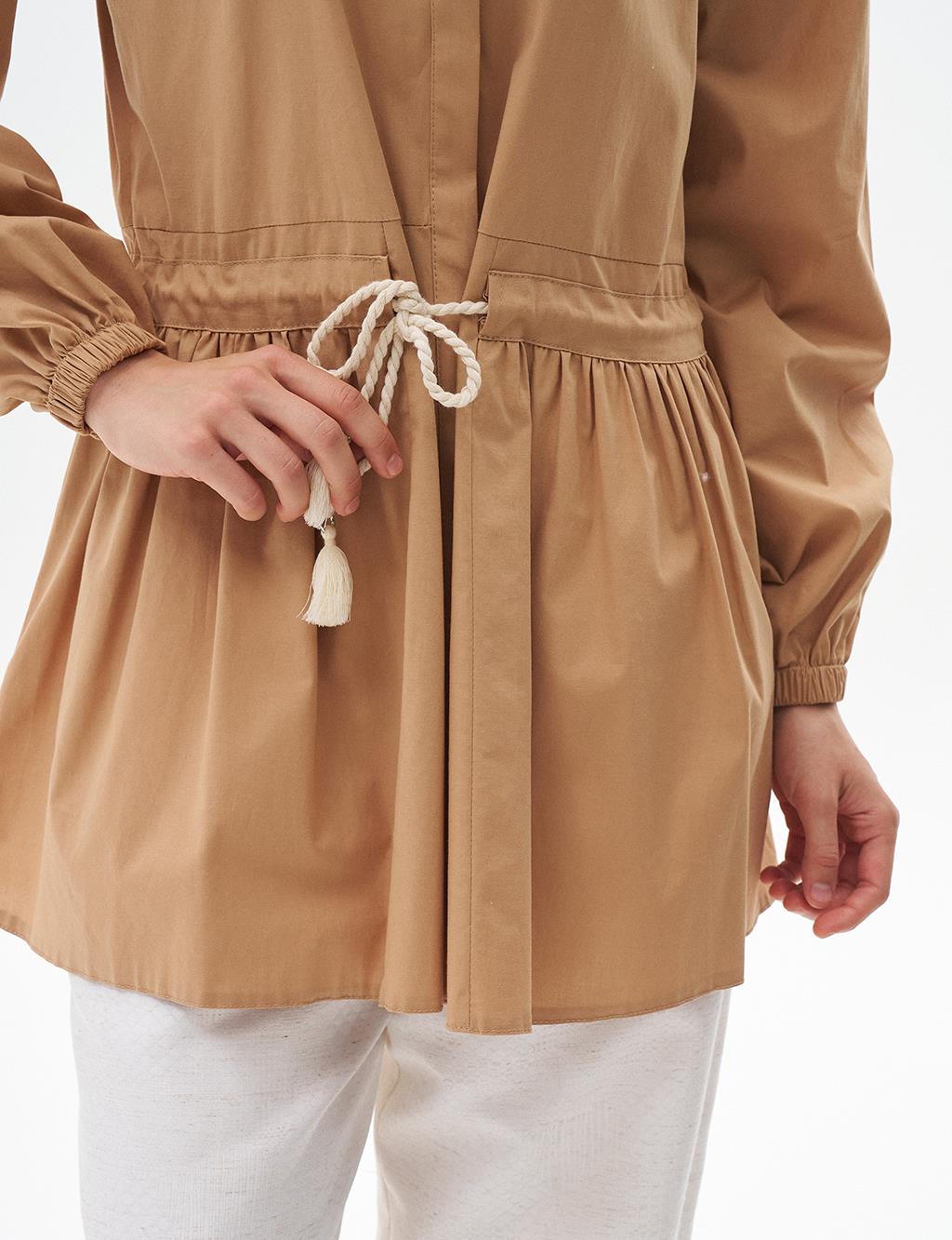 Tasseled Collar Cotton Tunic Camel