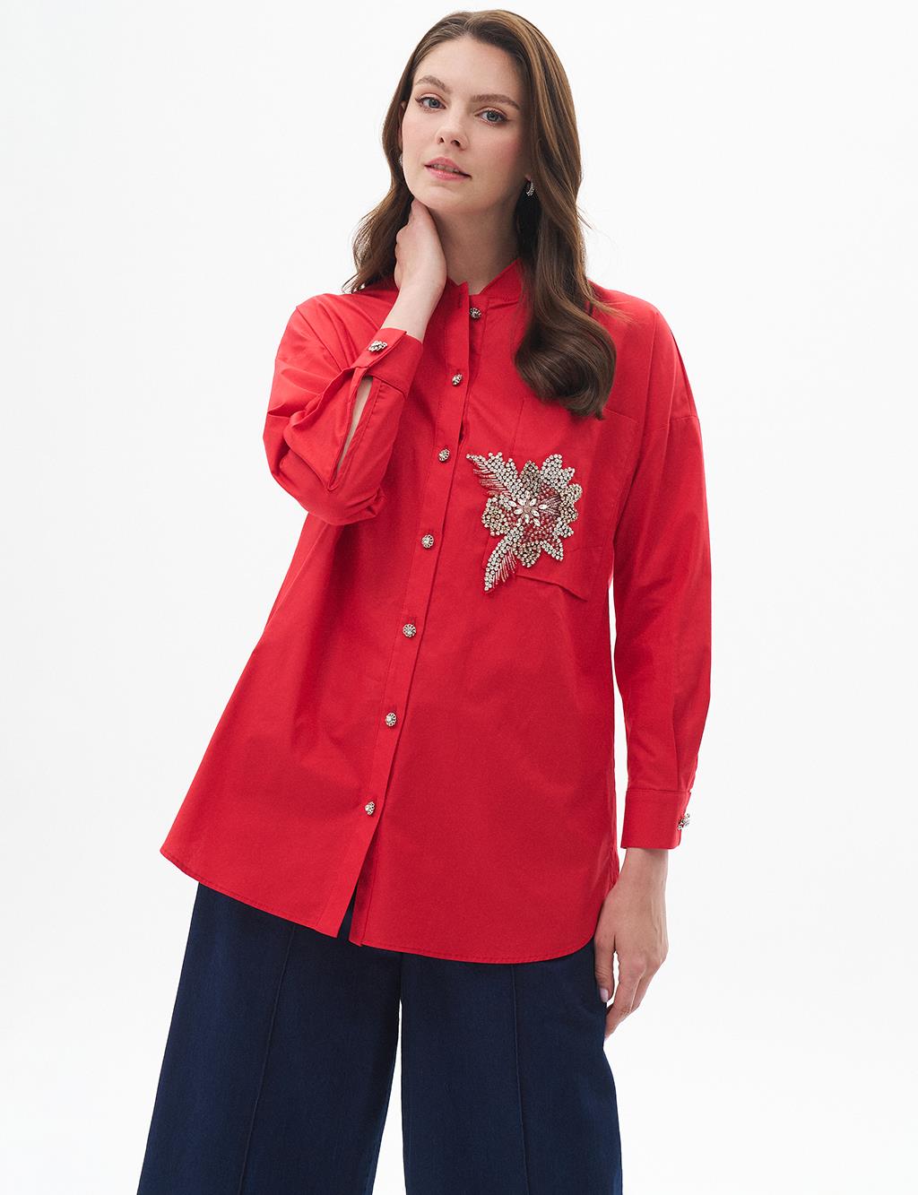 Stone Embellished Poplin Tunic Red