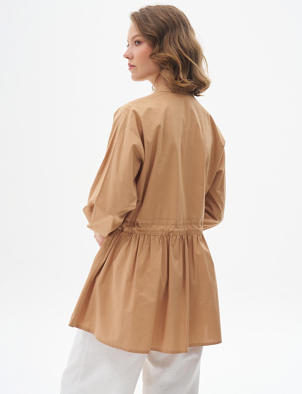 Tasseled Collar Cotton Tunic Camel