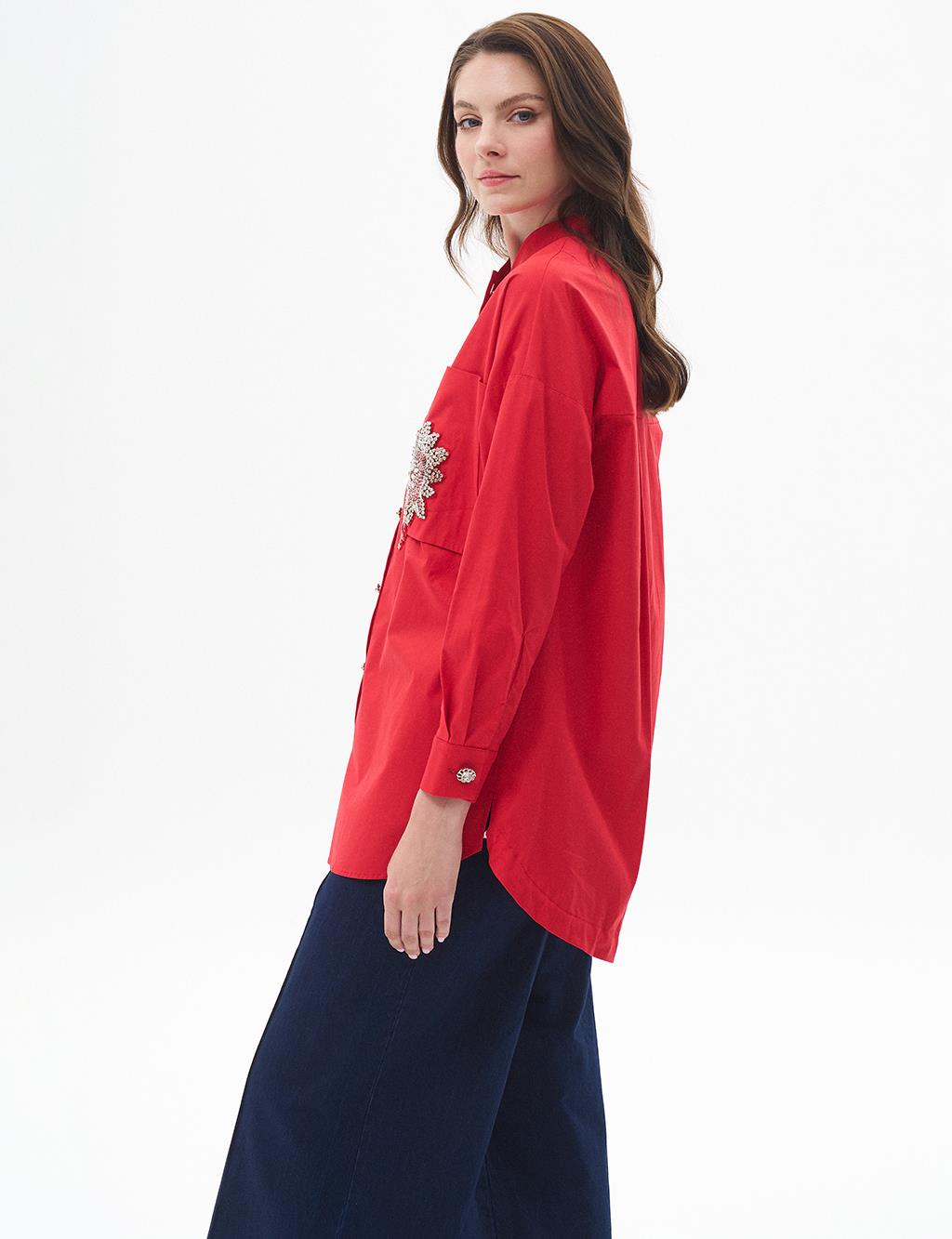 Taş İşlemeli Poplin Tunik Kırmızı