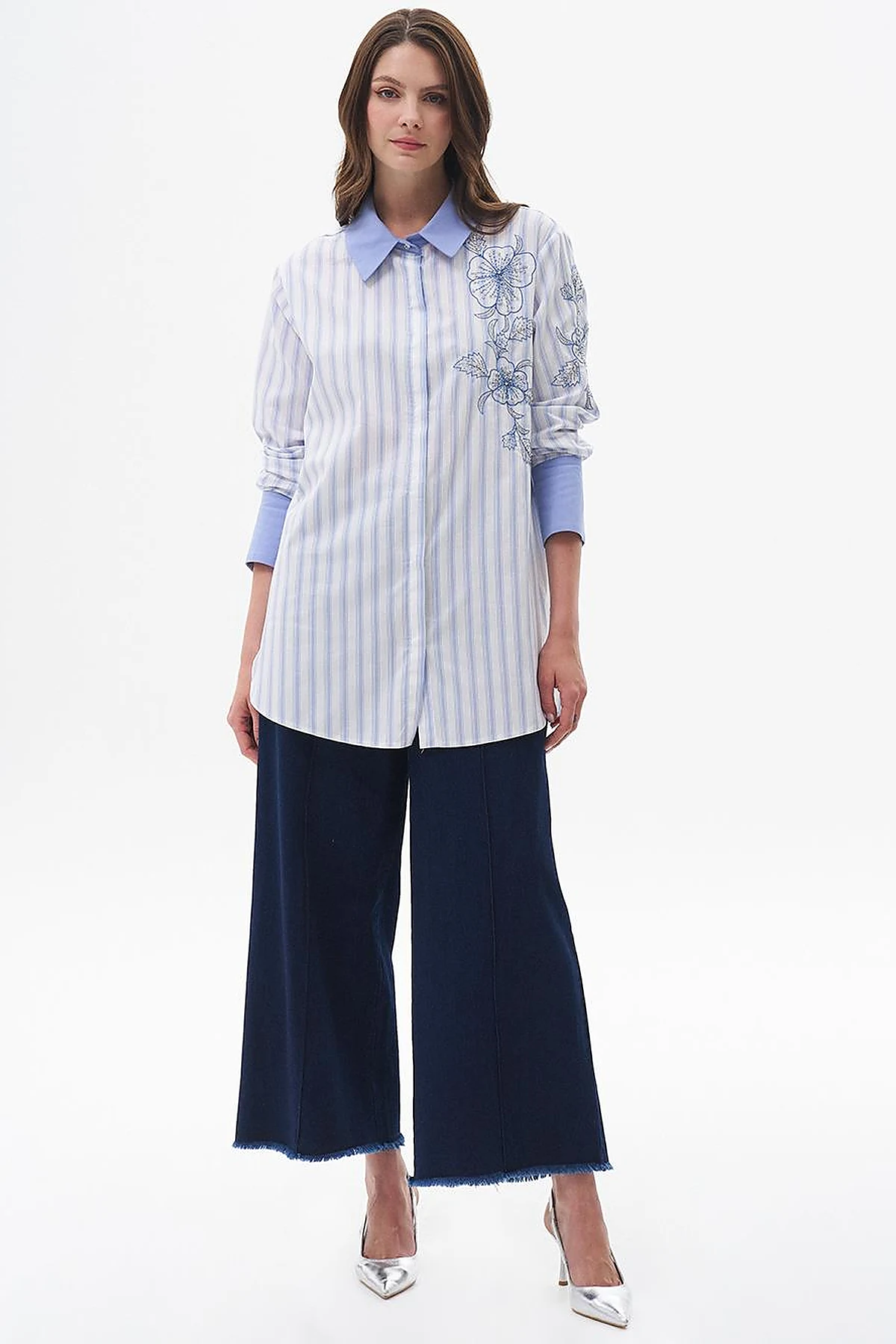 Püsküllü Geniş Paça Denim Pantolon Lacivert 