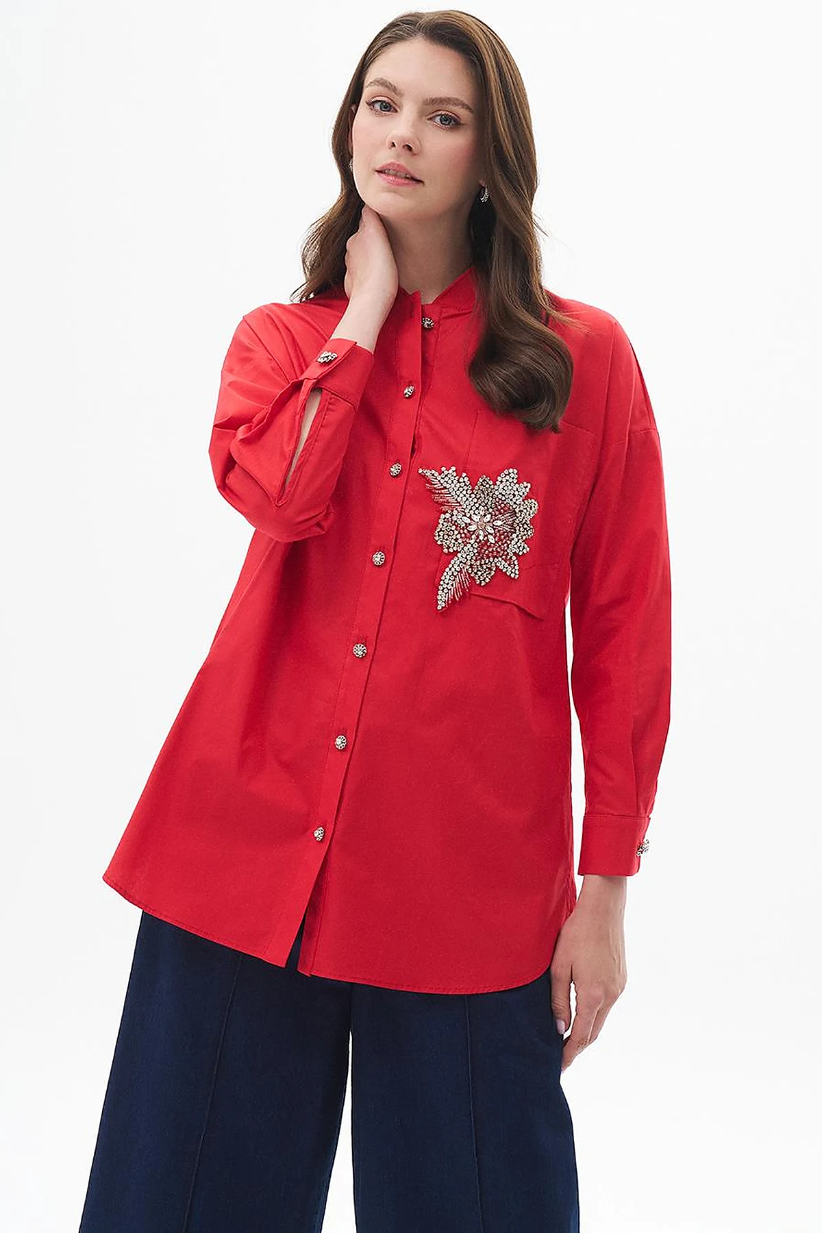 Taş İşlemeli Poplin Tunik Kırmızı