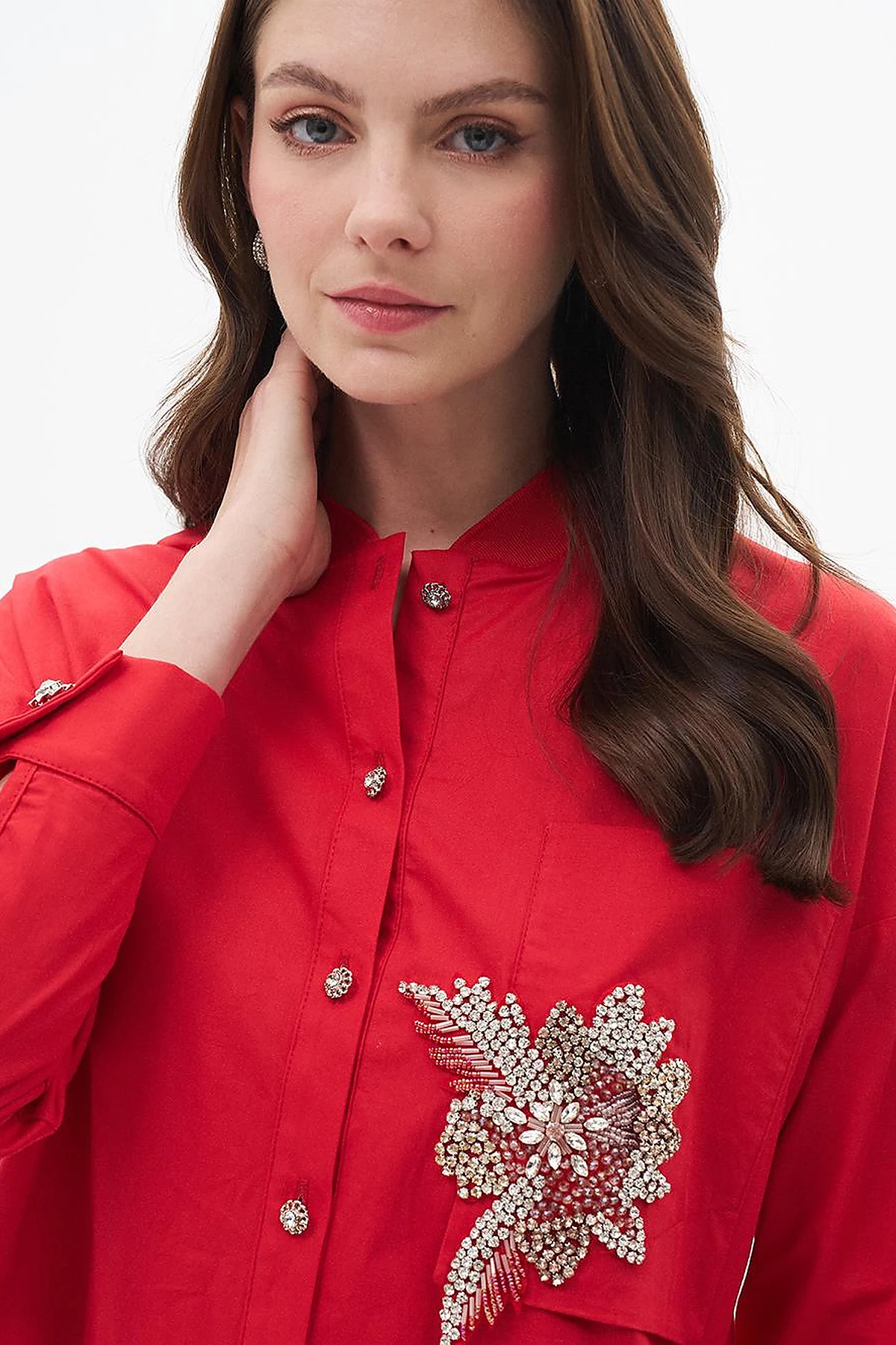 Taş İşlemeli Poplin Tunik Kırmızı