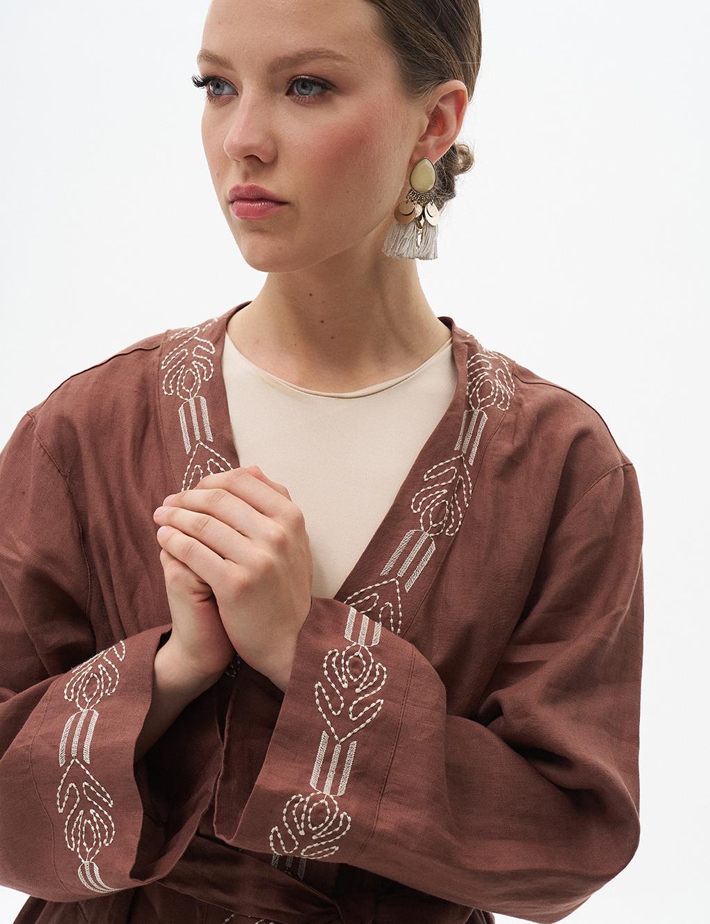 Embroidered Linen Jacket Brown