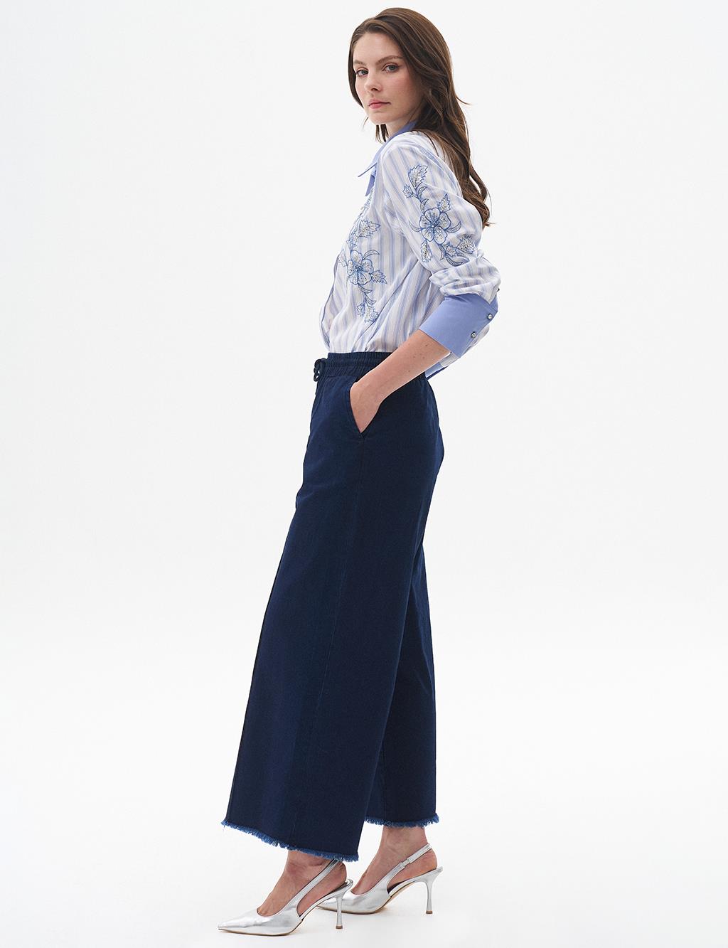 Tasseled Wide Leg Denim Trousers Navy Blue