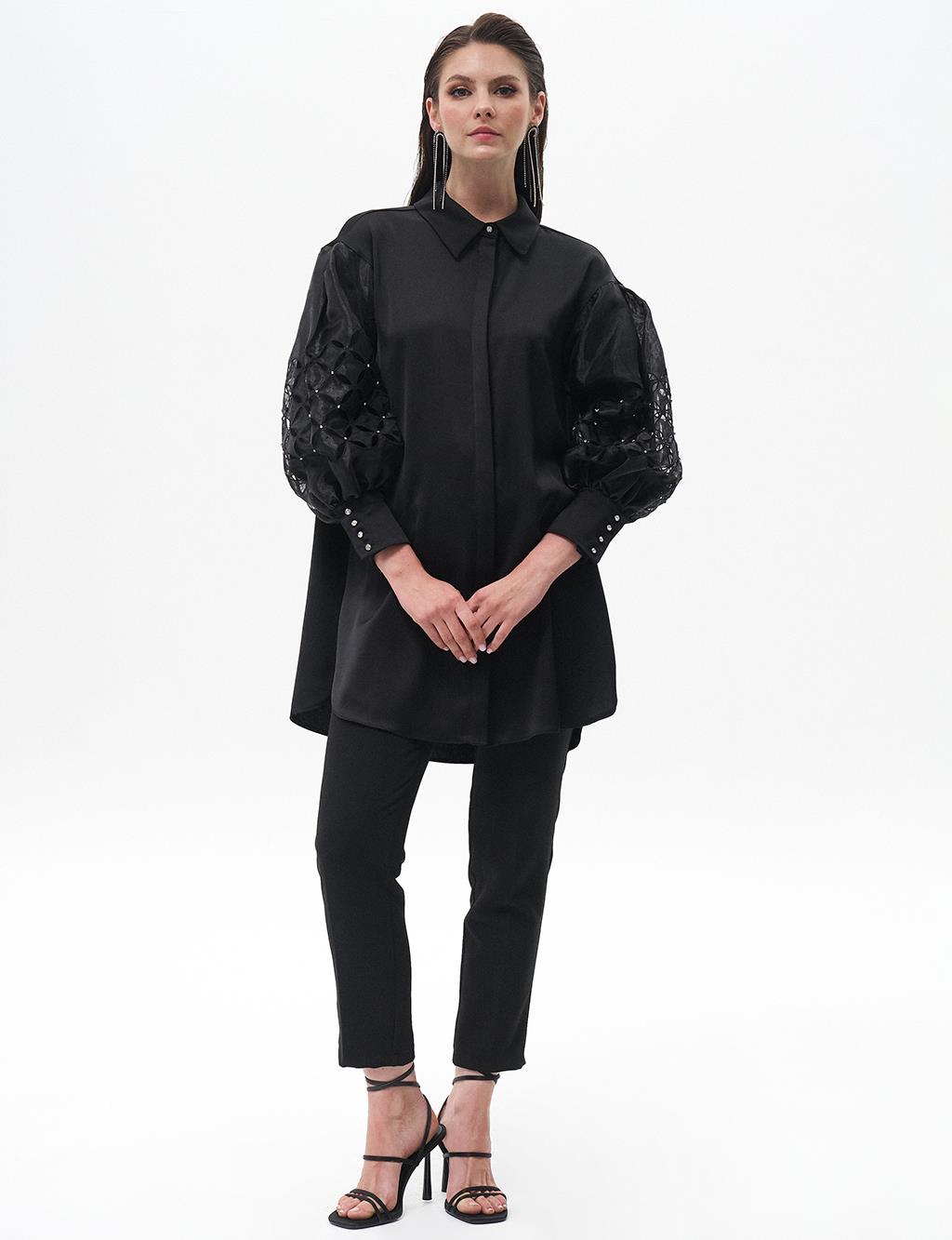 Satin Tunic with Sleeve Detail Black